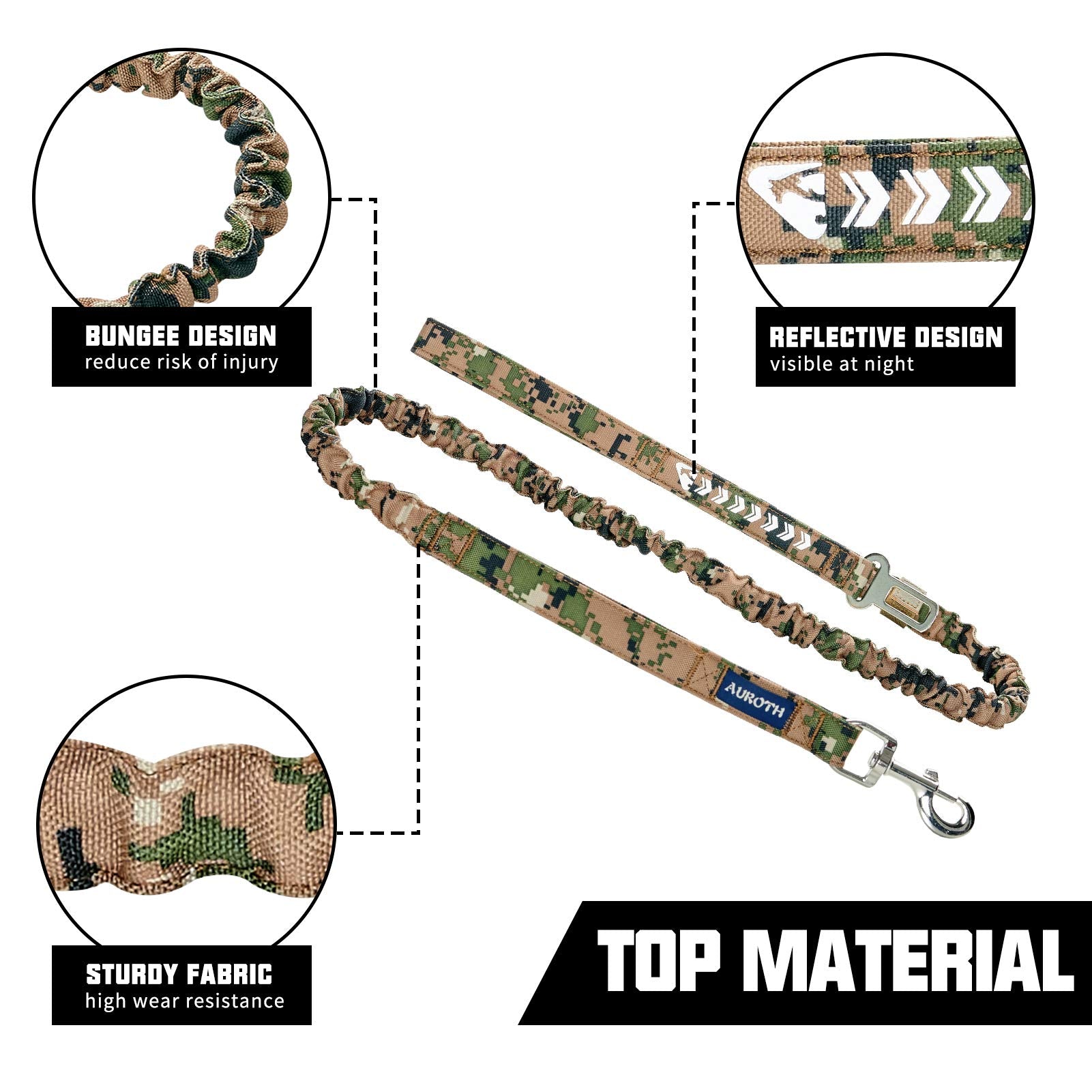 Auroth Dog Leash Large Dogs, Heavy Duty Dog Leash Bungee, No Pull Dog Leash For Shock Absorption, Woodland Camo Dog Training Lea