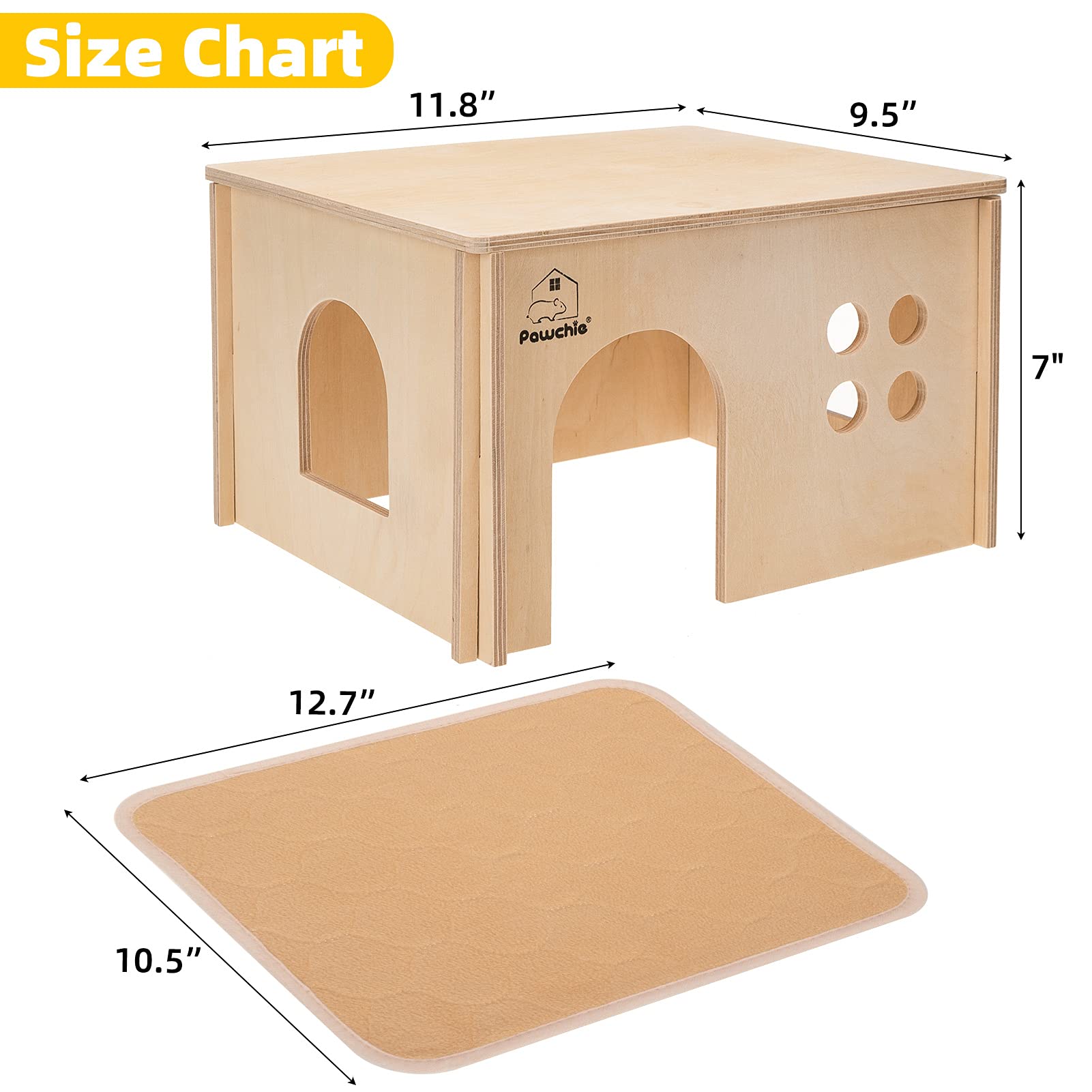 Pawchie Guinea Pig House Hide - Wooden Hideout For Chinchilla Small Animals, Habitat With Windows Guinea Pig Hamster Rat Living