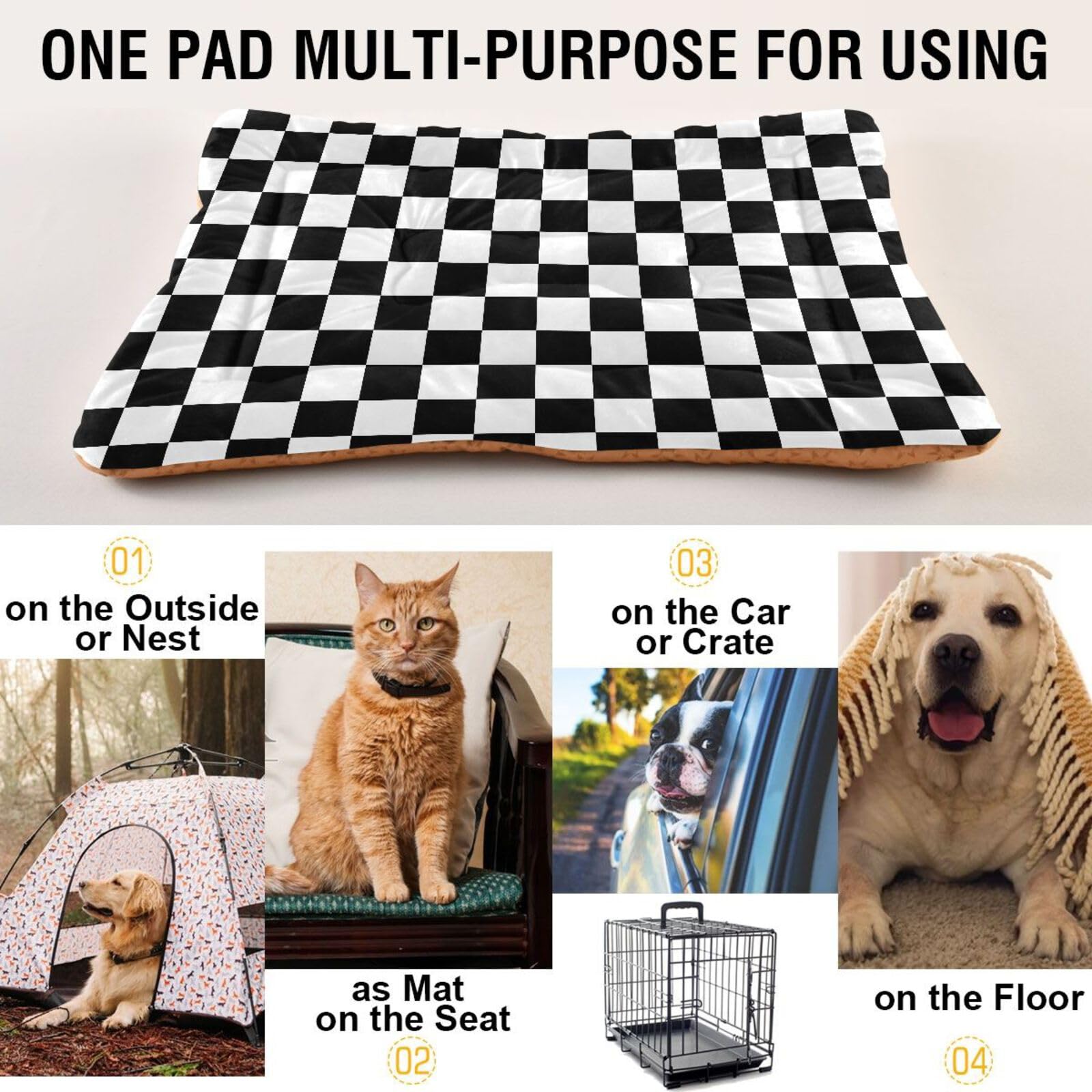 Coikll Checkerboard Dog Bed Pad - Soft, Anti-Slip, Machine Washable, 36'' x 24'', Polyester
