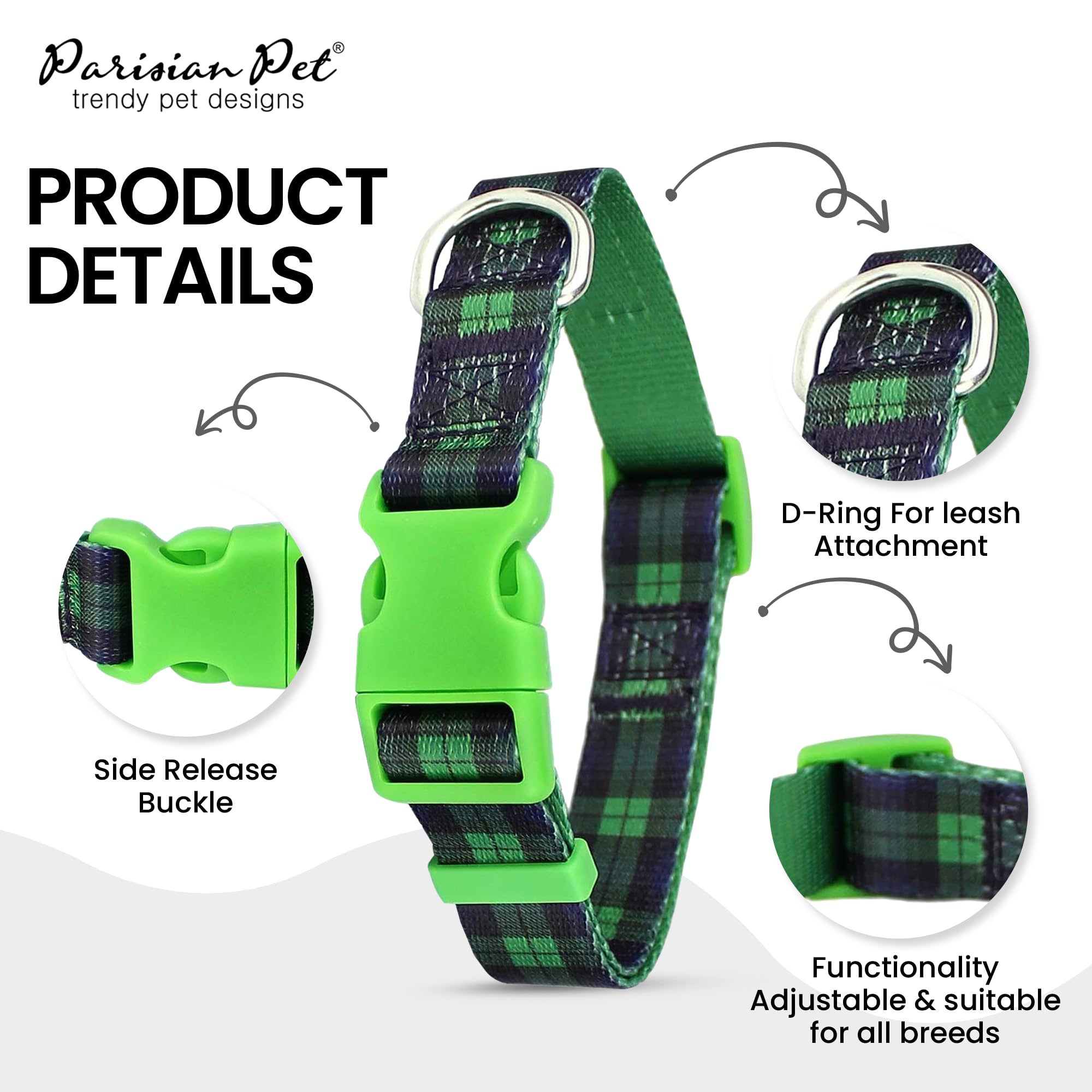 Parisian Pet Dog Collar - Adjustable “ Scottish Green Plaid “ Pattern Puppies Collar - Comfortable, And Breathable Dog Collar - Nylon Dog Collars For Large Dogs L
