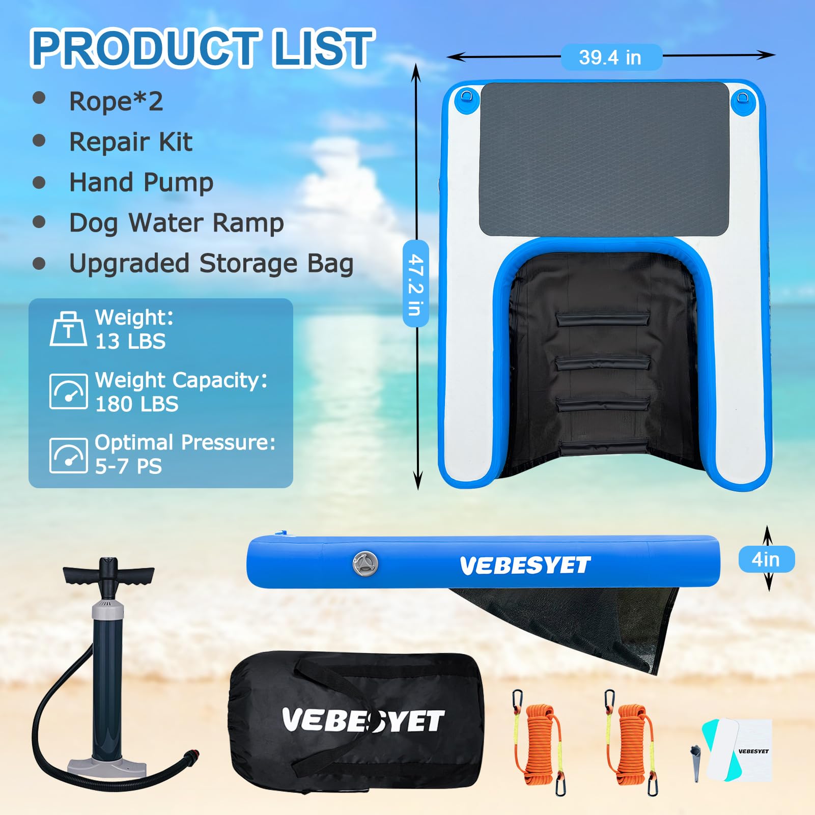 VEBESYET Inflatable Dog Water Ramp - Non-Slip EVA, 47.3"x39.4"x4", Supports 180LBS, Blue, Model VE-005 for Pools