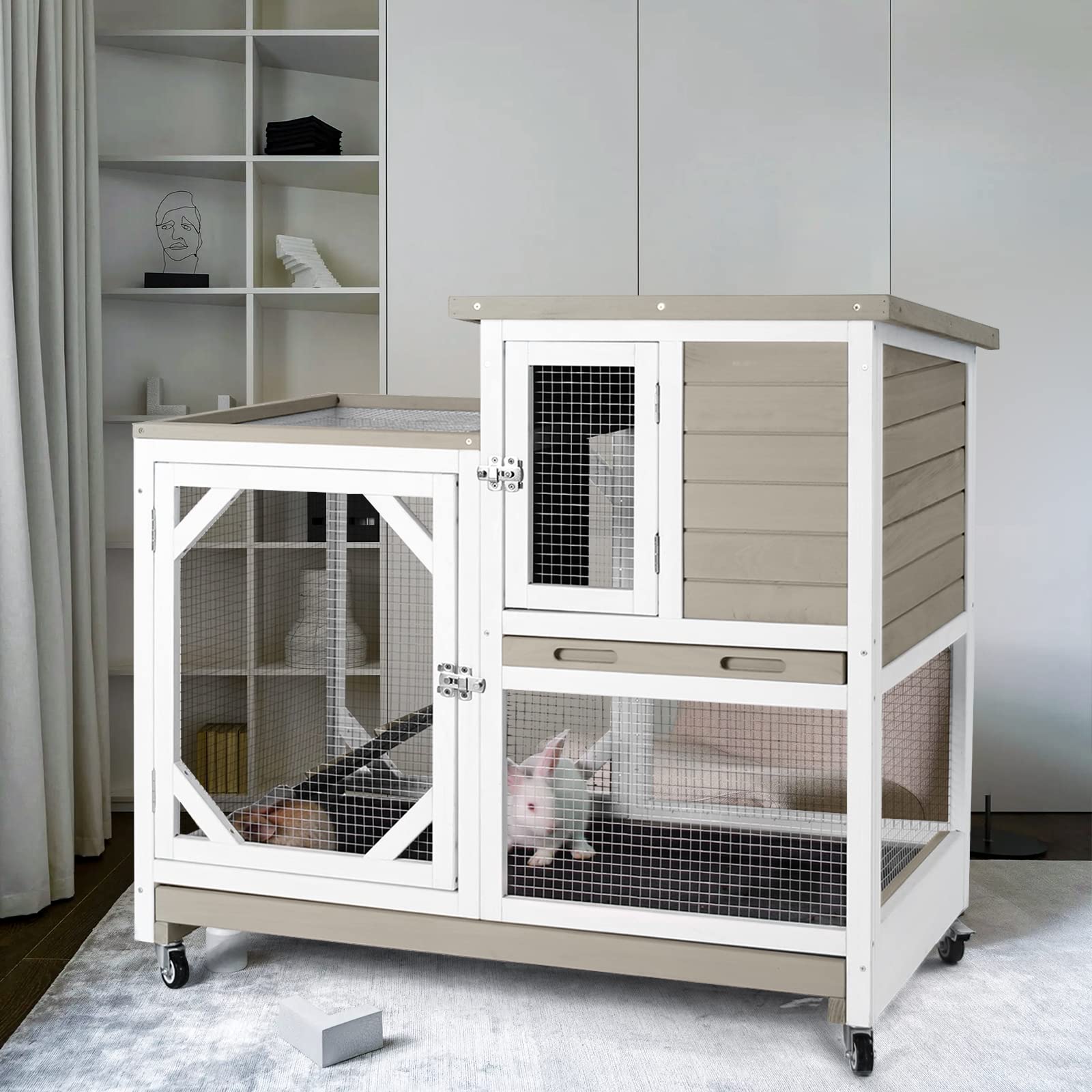 Rabbit Hutch Cage Outdoor And Indoor Bunny Hutch On Wheels With Two Deeper No Leak Trays, Guinea Pig Cages Rabbit House (Matcha 