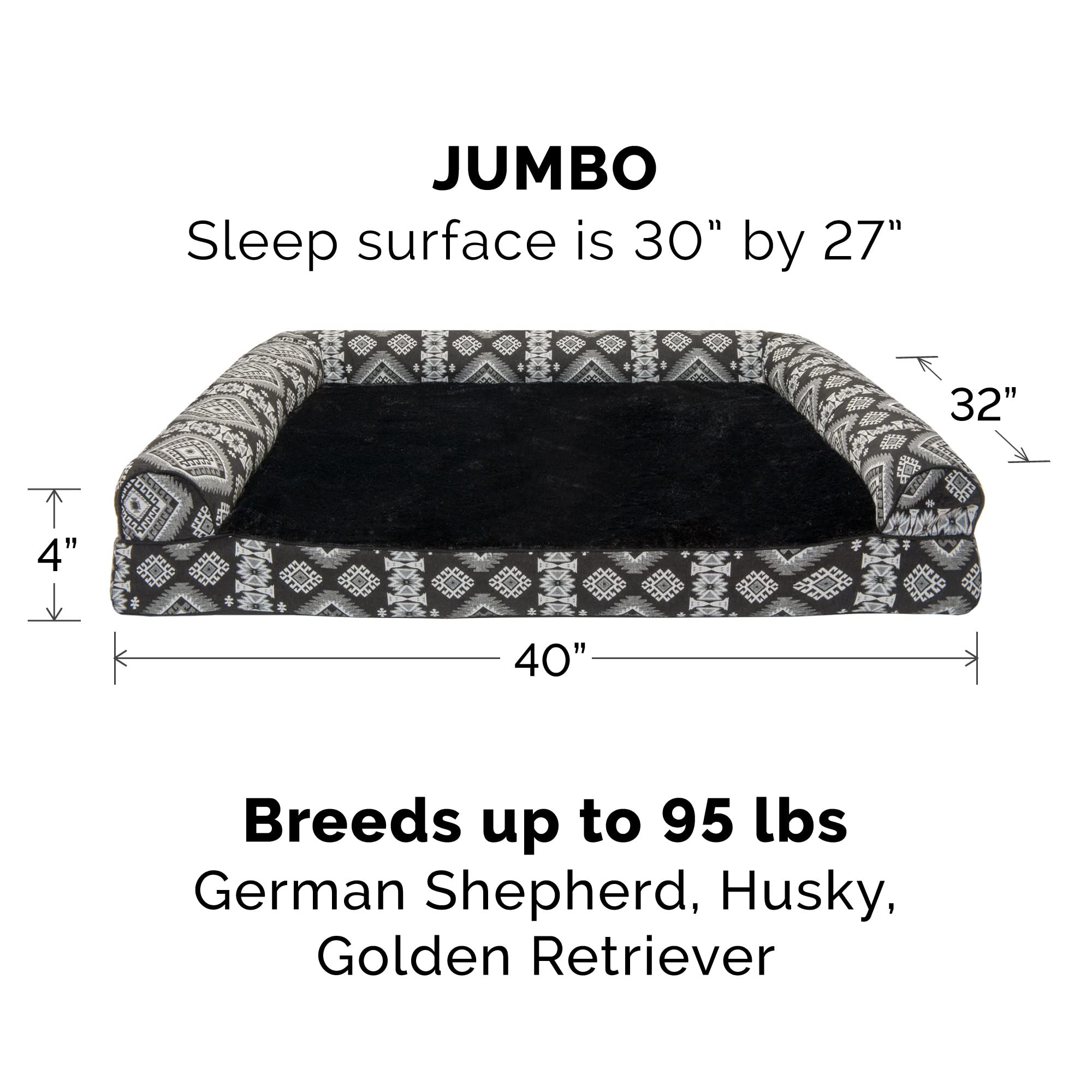 Furhaven Orthopedic Dog Bed For Large Dogs W/ Removable Bolsters & Washable Cover, For Dogs Up To 95 Lbs - Plush & Southwest Kilim Woven Decor Sofa - Black Medallion, Jumbo/Xl