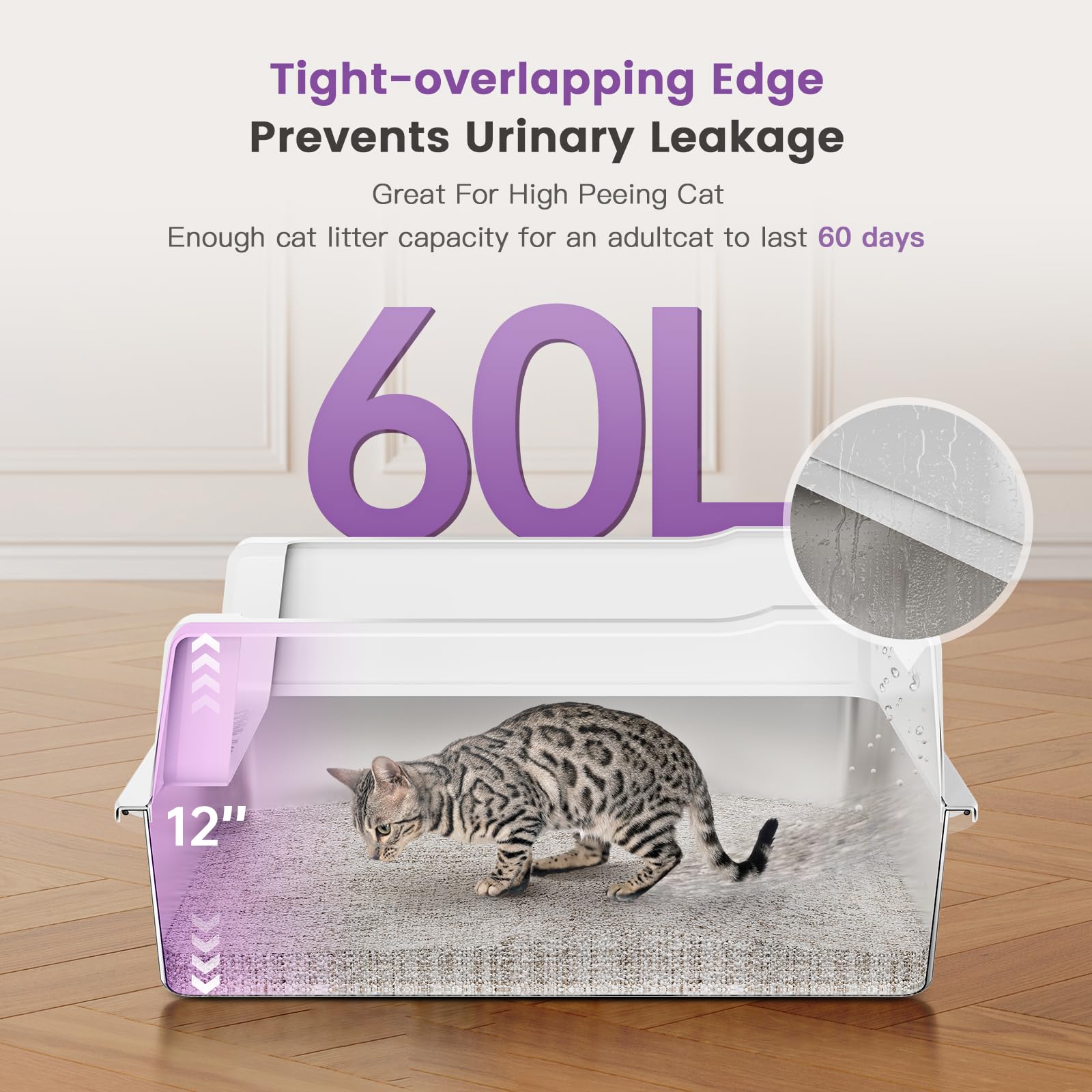 Xxl Stainless Steel Cat Litter Box With High Sided, 26'' L X 18'' W X 12'' H Extra Large Litter Box For Big Cats And Multiple Ca