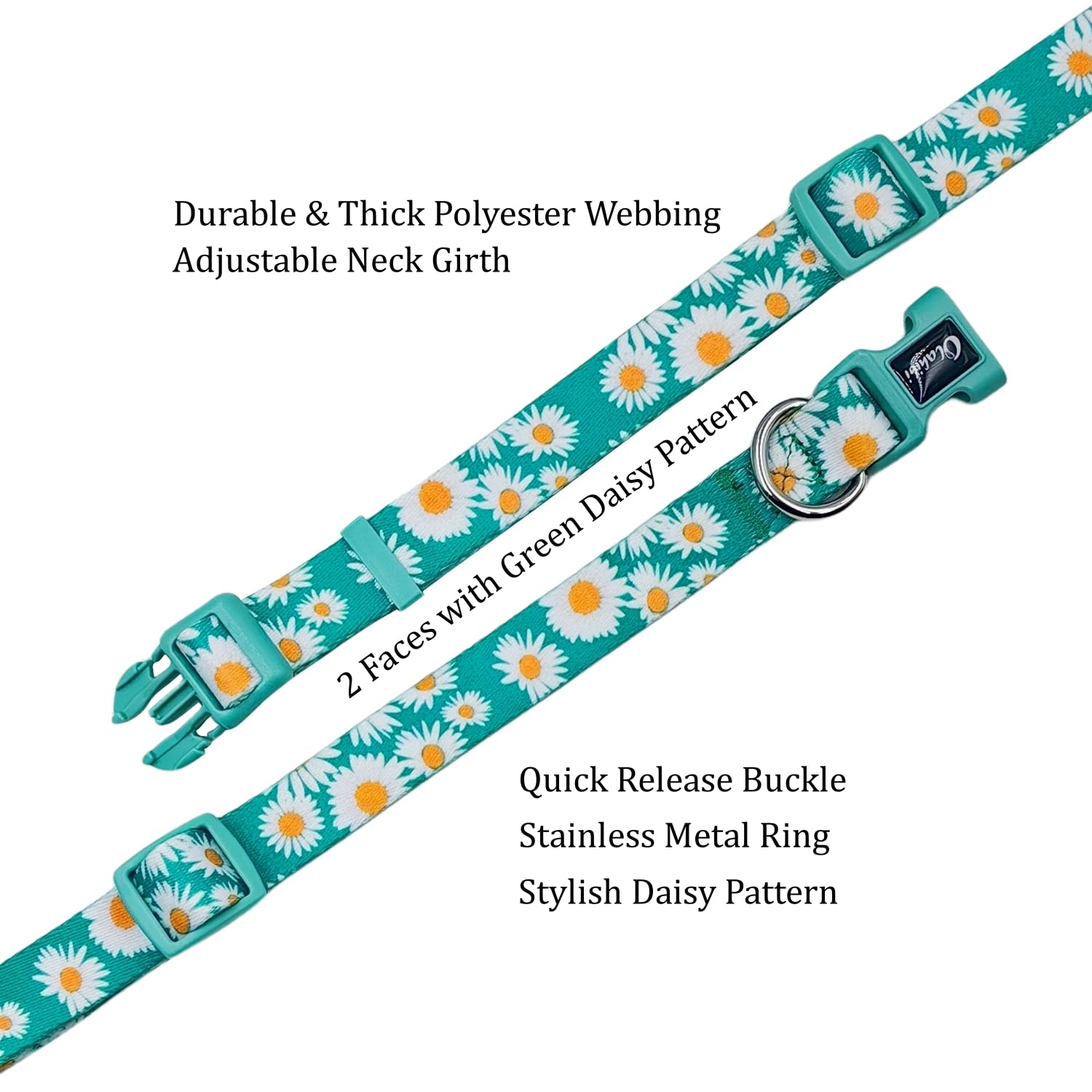 Olahibi Dog Collar And Leash Set, Cute Daisy Pattern, Polyester Material, 5Ft Leash, For Large Dogs.(Large,Green Daisy)