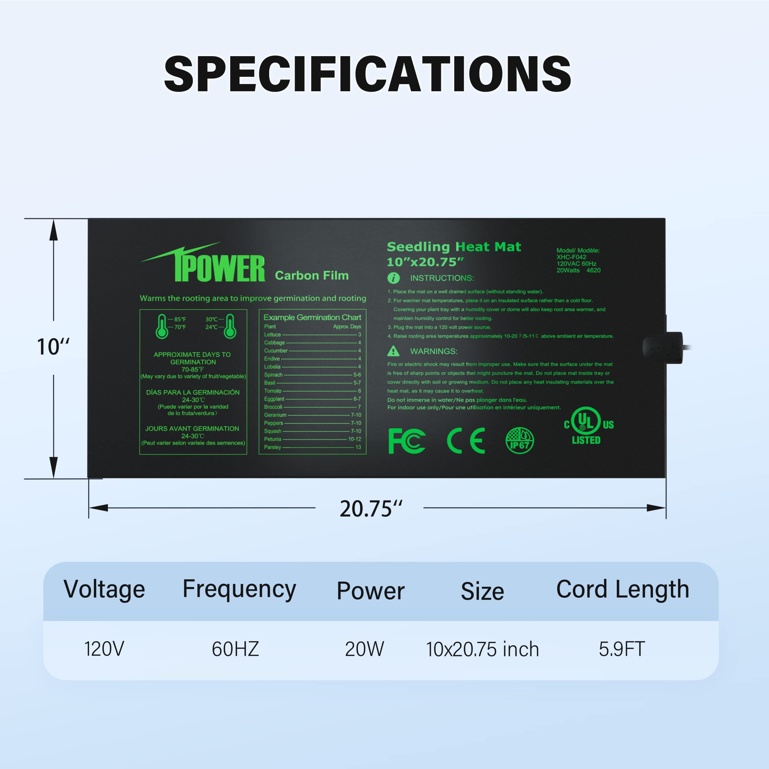 iPower 10 x 20.75 Seeding Heat Mat - Durable Waterproof Carbon Film, Black
