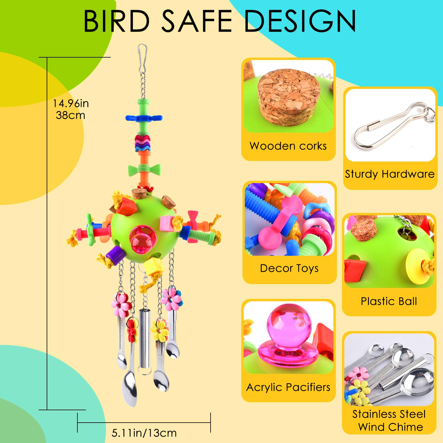 KATUMO Bird Toys, Parrot Pull Spoons Toys Parakeet Toys Conure Cage Toys for Cockatiel Quarker African Grey Mini Macaw Amazon Pa