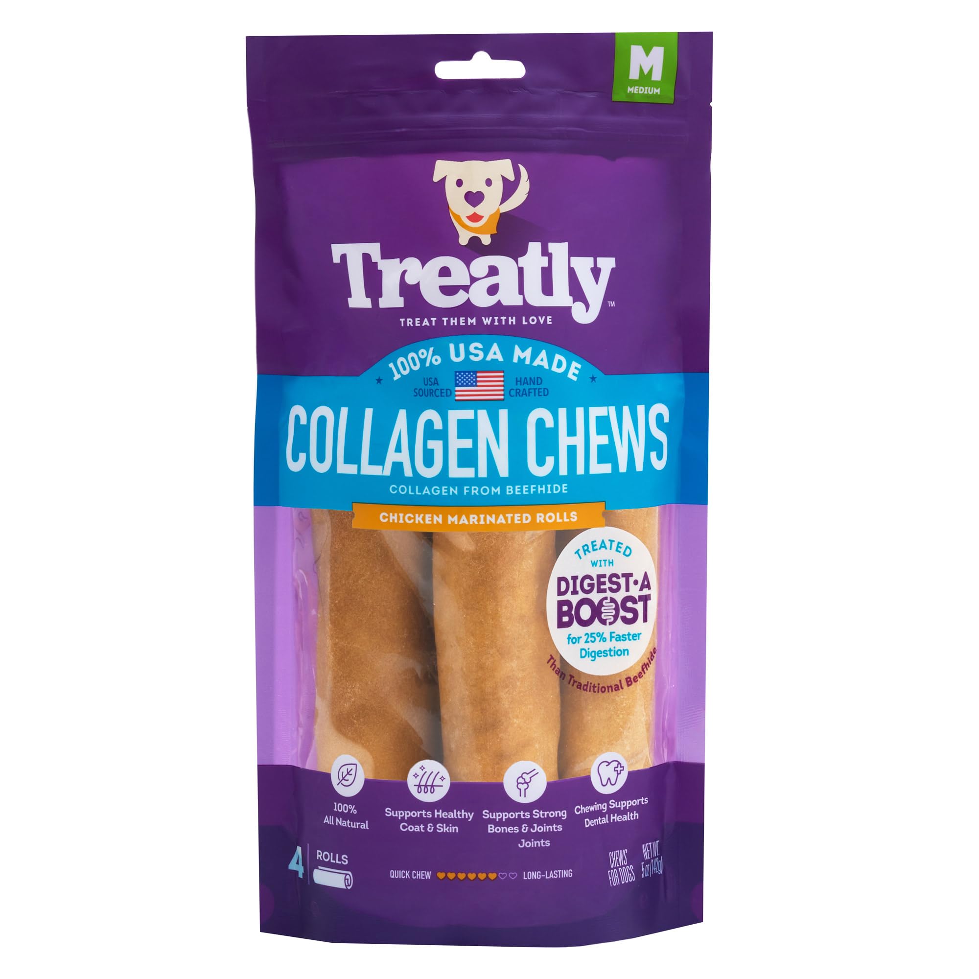 Treatly USA Collagen Rolls 6-7 Dog Chew Treats - Chicken Marinade Flavor, 4 Count/1 Pack