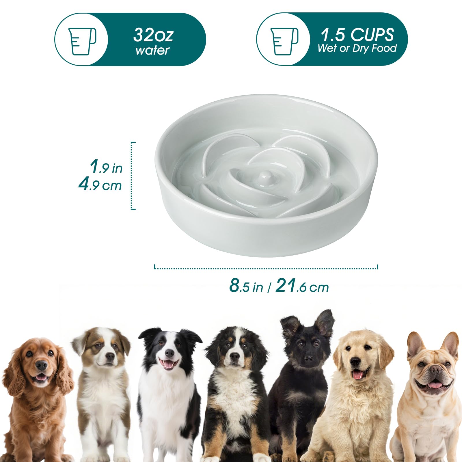 vancasso Slow Feeder Dog Bowl, 1.5 Cups Ceramic Dog Food Dish for Fast Eaters Small Breed, Puzzle Bowl for Small Dogs and Cats,