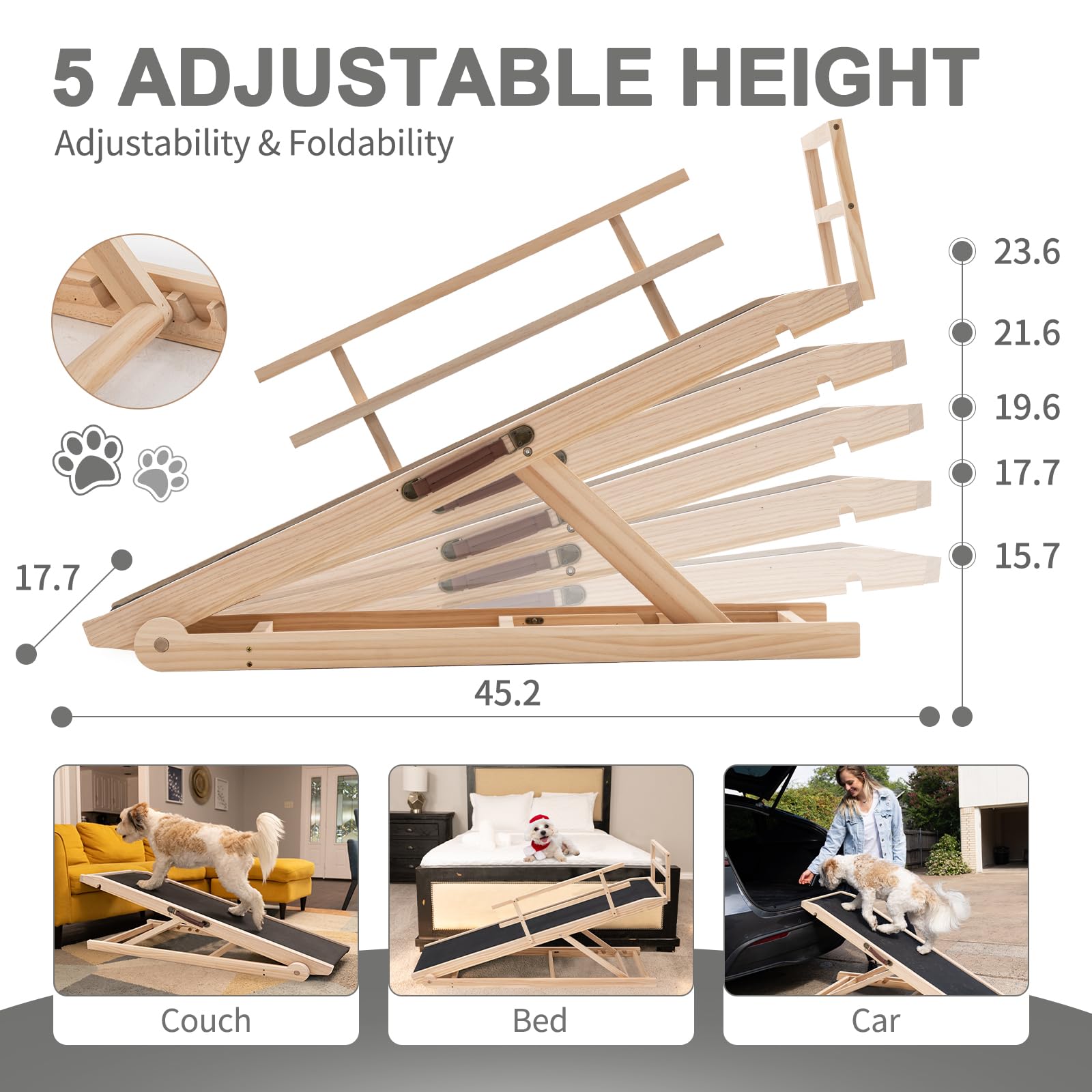 Folding Wooden Dog Ramp For Bed, Couch & Car,45In Long- 5 Level Adjustable Pet Ramp, Non-Slip Rubber Mat, 17.7'' Extra Wide - Su