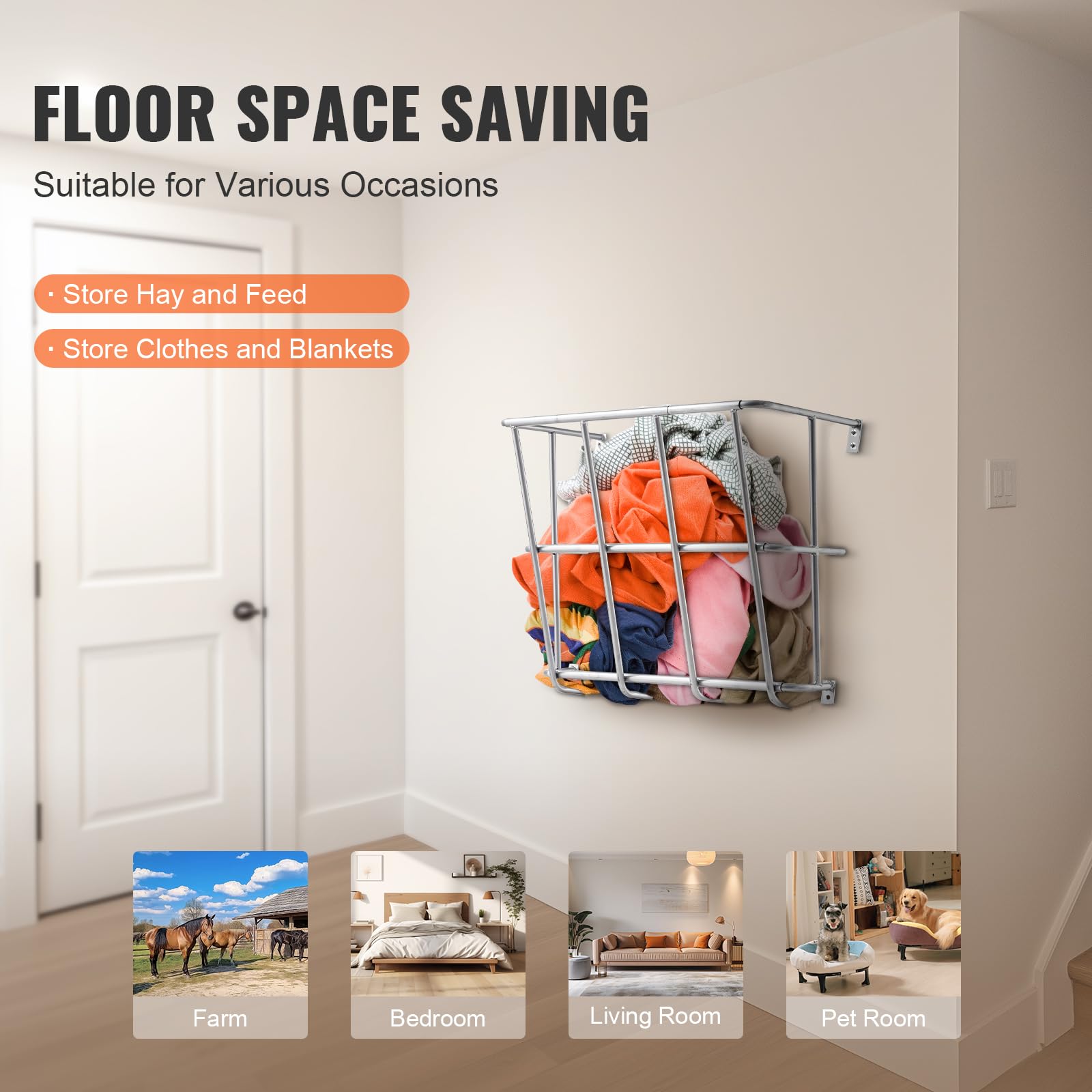 VEVOR Livestock Feeder, 18.5 Gallons Large Capacity, Heavy-Duty Steel Goat Hay Rack, 24.4 Long Wall Mounted Horse Hay Holder, Mu