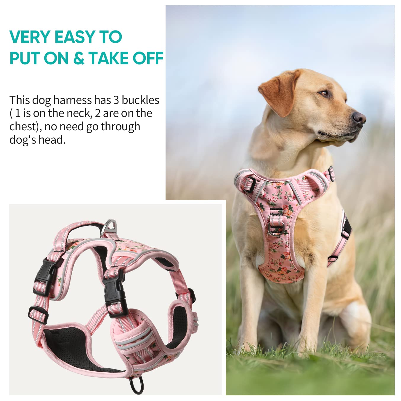 Timos No Pull Dog Harness,NO Need Go Over Dogs Head 3 Snap Buckles Reflective Oxford No Choke Harness with Front & Back 2 Metal