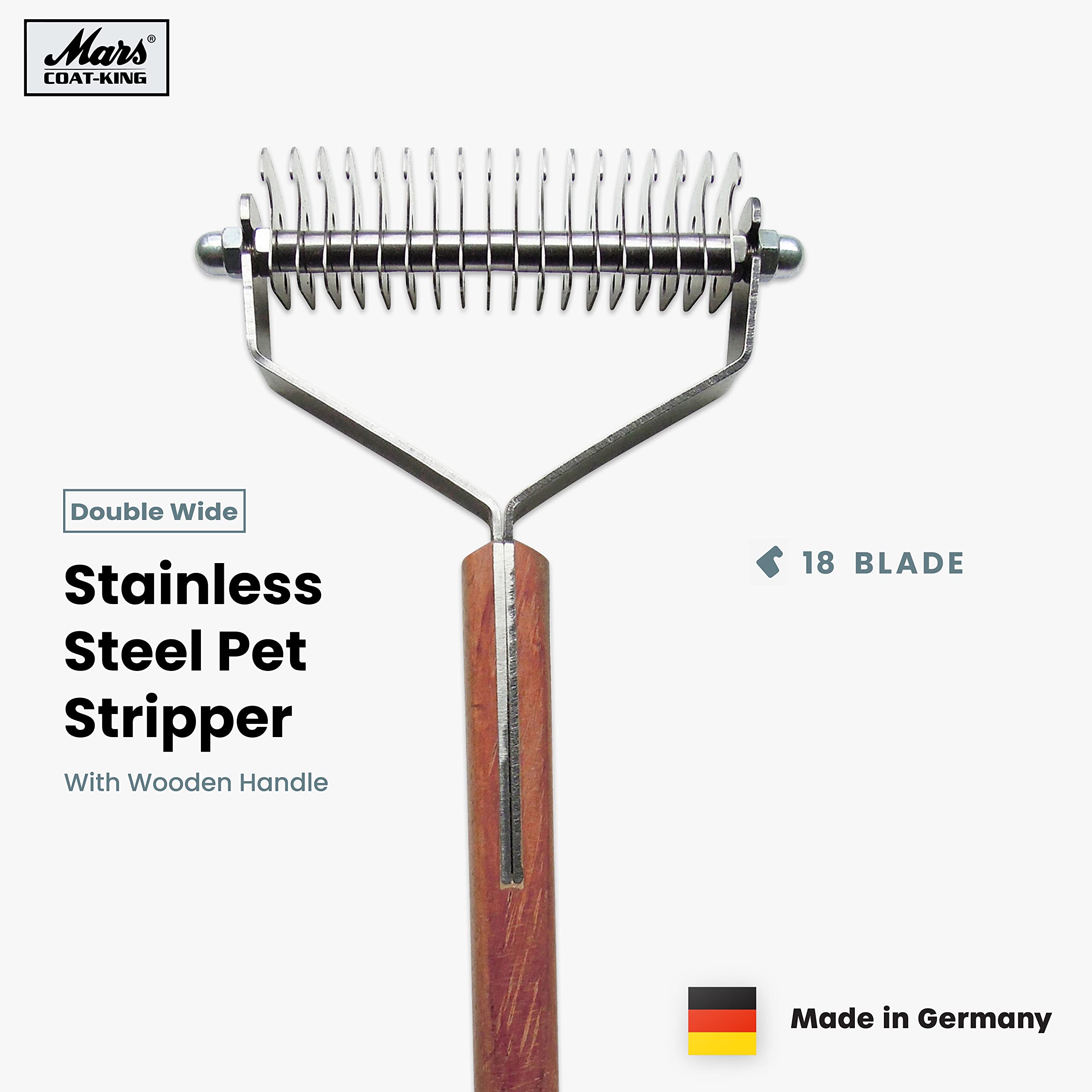 Mars Coat King Double Wide De-Matting Rake Tool for Dogs & Cats, 18-Blade Stainless Steel with Wooden Handle, Grooming Essential