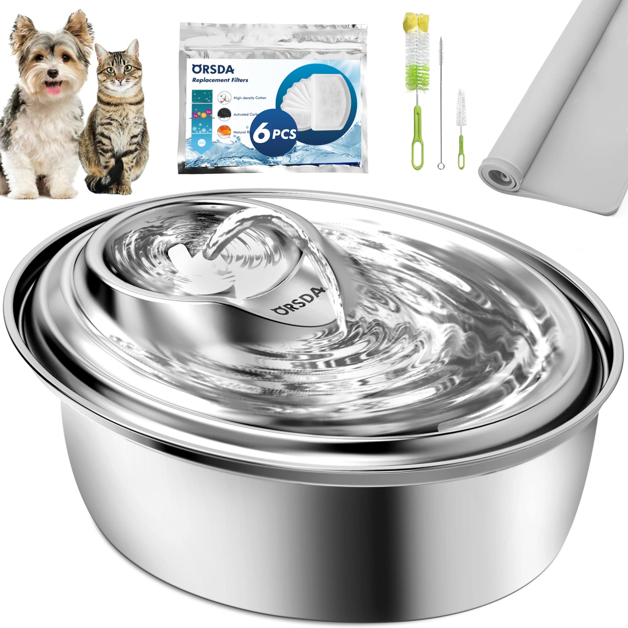 ORSDA Stainless Steel Cat Water Fountain 3L, Automatic Pet Fountain with Silicone Mat, Filter x 6, Model D60