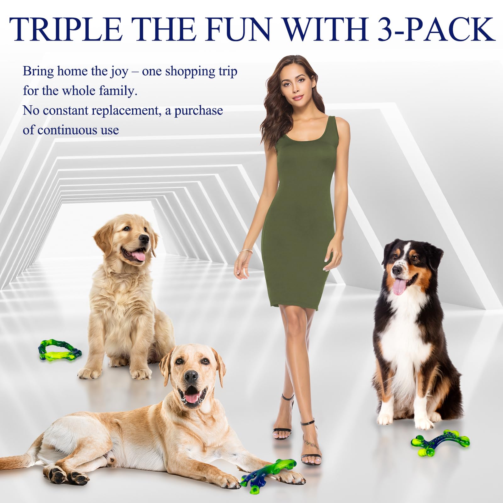 Frienhund Indestructible Nylon Dog Chew Toys - 3-Pack, Durable Bone-Shaped Toys for Large Aggressive Chewers, Green