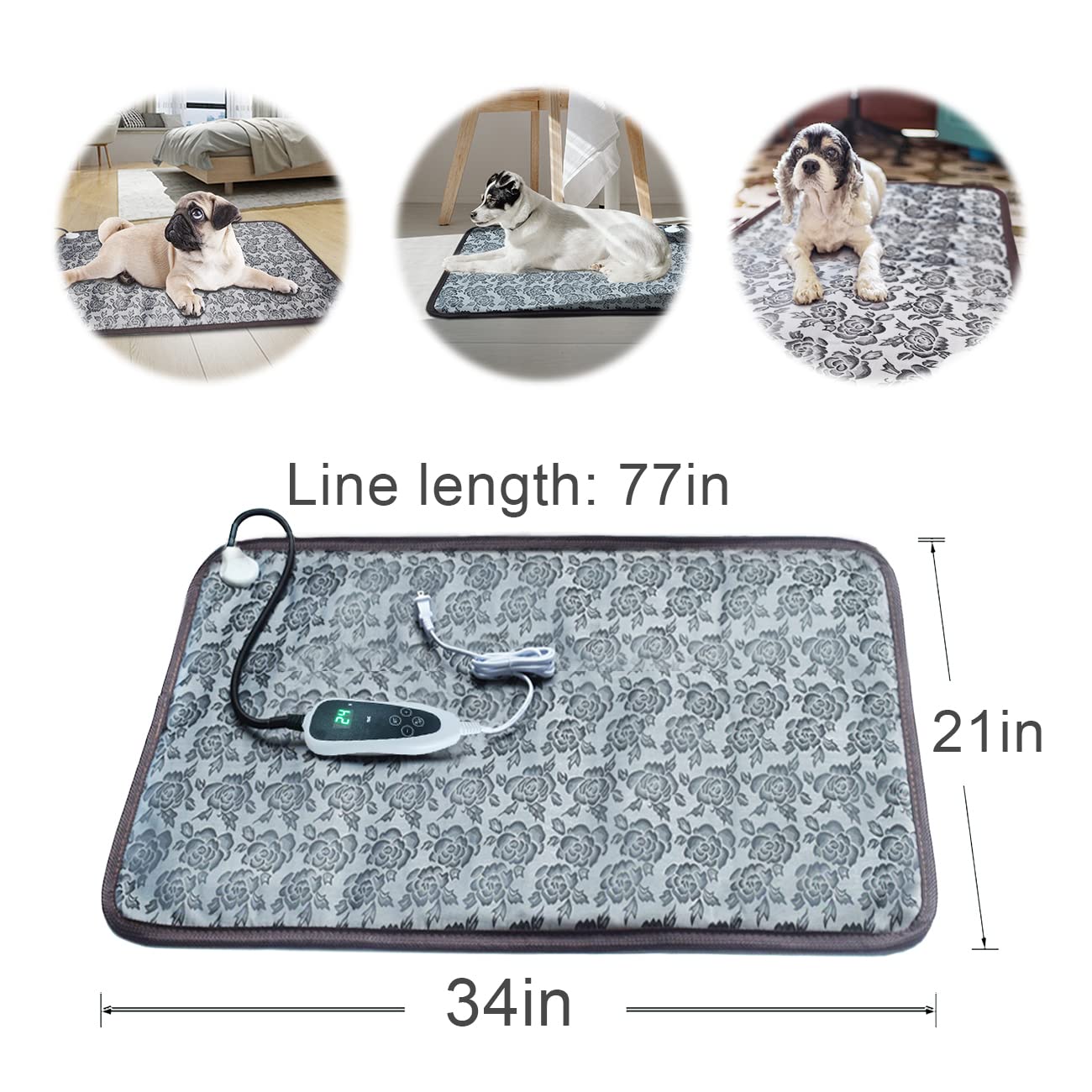 Golopet Large Dog Heating Pad For Dogs 34X21Inches Waterproof Pet Heating Pad Smart Thermostat Switch, Heated Dog Bed Chew Resistant Steel Cord Dog Warming Pad Mat Complimentary A Fleece Fabric Coverr