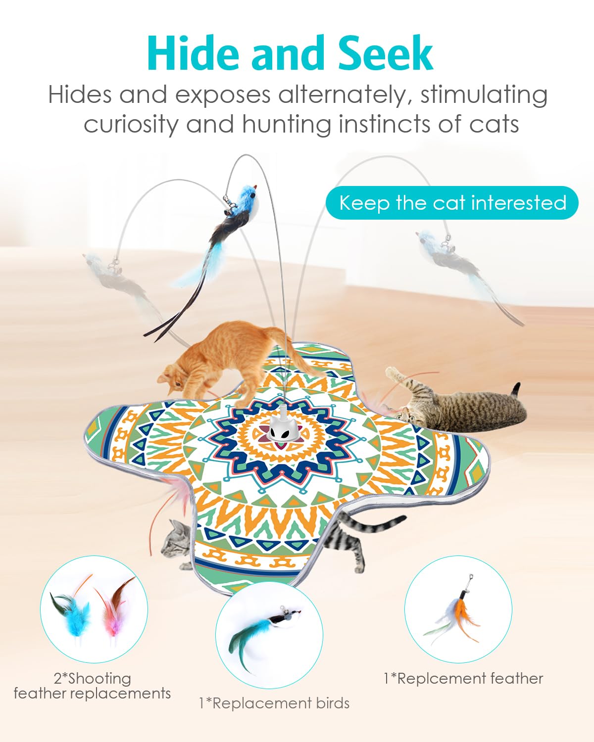 Temracha Interactive Cat Toy, Rechargeable Cat Toys For Indoor Cats, Automatic Cats Chasing Toy, Hide & Seek, 2 Modes, Self-Hold