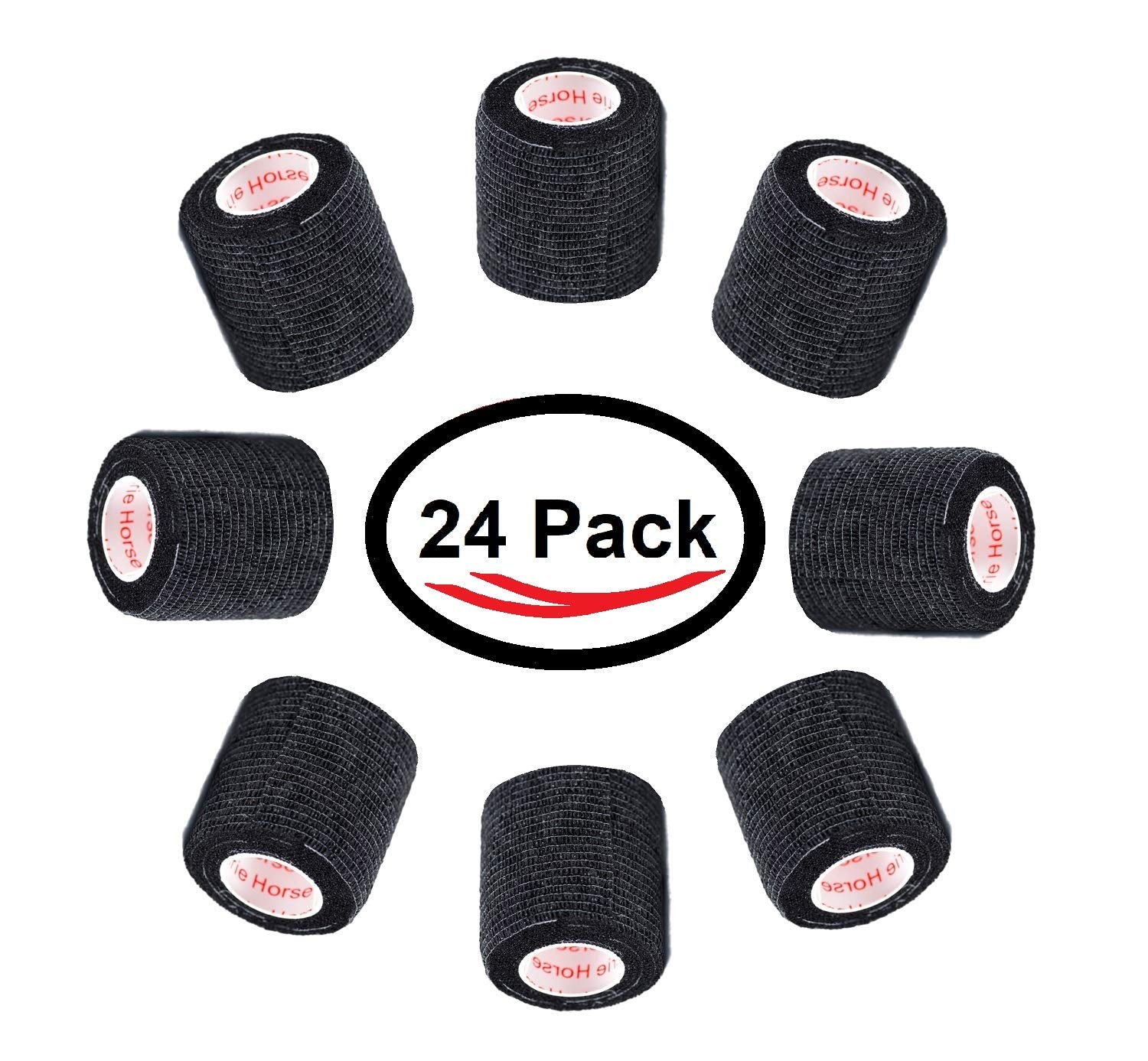 2 Inch Vet Wrap Tape Bulk (Black) (Pack of 24) Self Adhesive Adherent Adhering Flex Bandage Grip Roll for Dog Cat Pet Horse