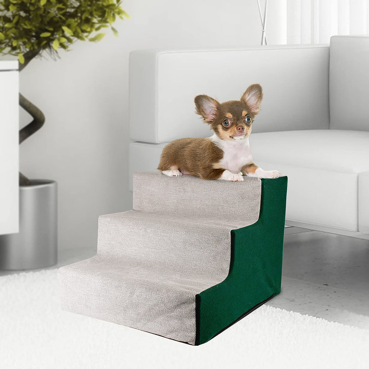 Enjoying Dog Stairs For Small Dogs, 3-Step Puppy Ladder For Couch, Assemblable Non-Slip Doggy Cat Steps, Green/Grey