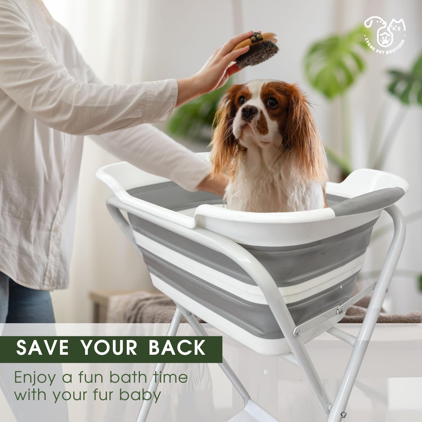 Cygne 2-In-1 Dog Bathtub & Washing Station, Elevated Collapsible Bathtub With Drainhole, Shower Head Holder & Storage Rack, Fold