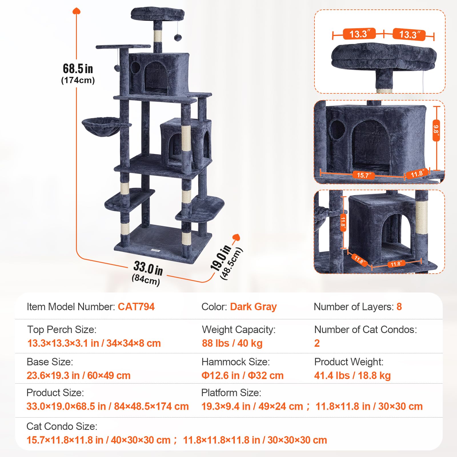 VEVOR Cat Tree 68.5 Cat Tower with Cat Condos Sisal Scratching Post Dark Grey