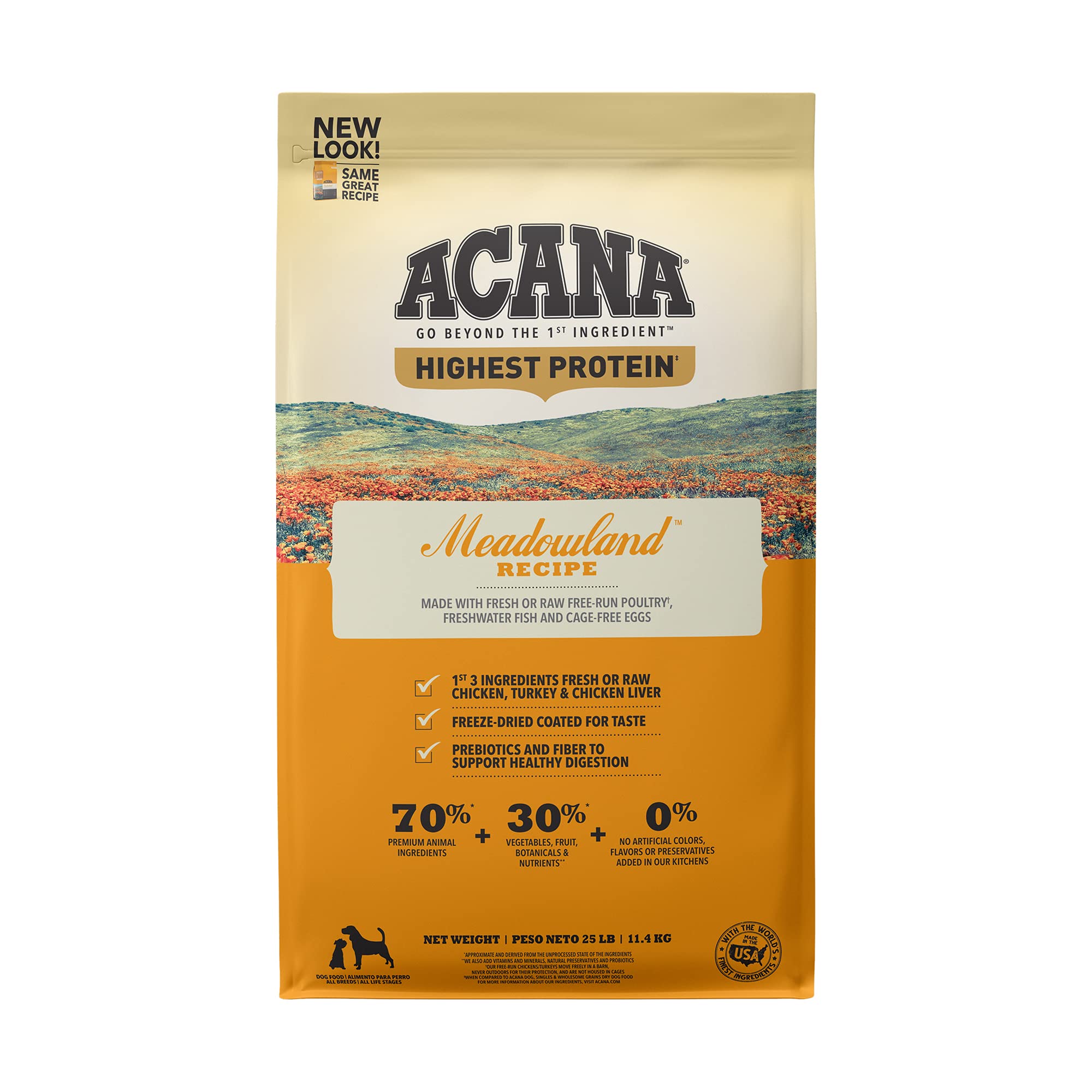 ACANA Highest Protein Dry Dog Food, Meadowland, Chicken and Turkey Recipe, 25lb
