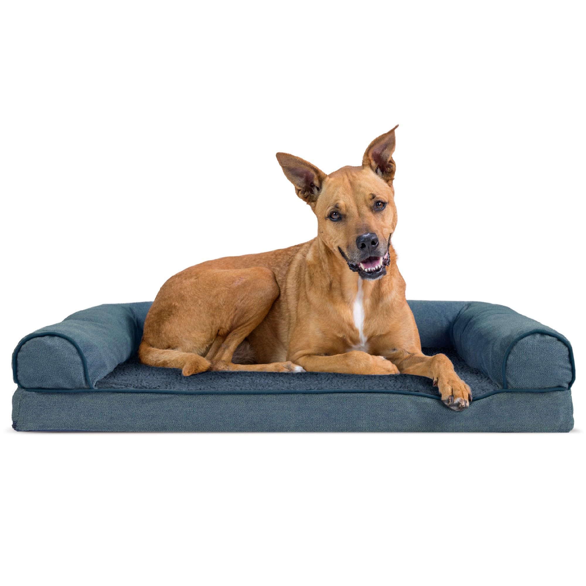 Furhaven Orthopedic Dog Bed For Large Dogs W/ Removable Bolsters & Washable Cover, For Dogs Up To 95 Lbs - Sherpa & Chenille Sofa - Orion Blue, Jumbo/Xl