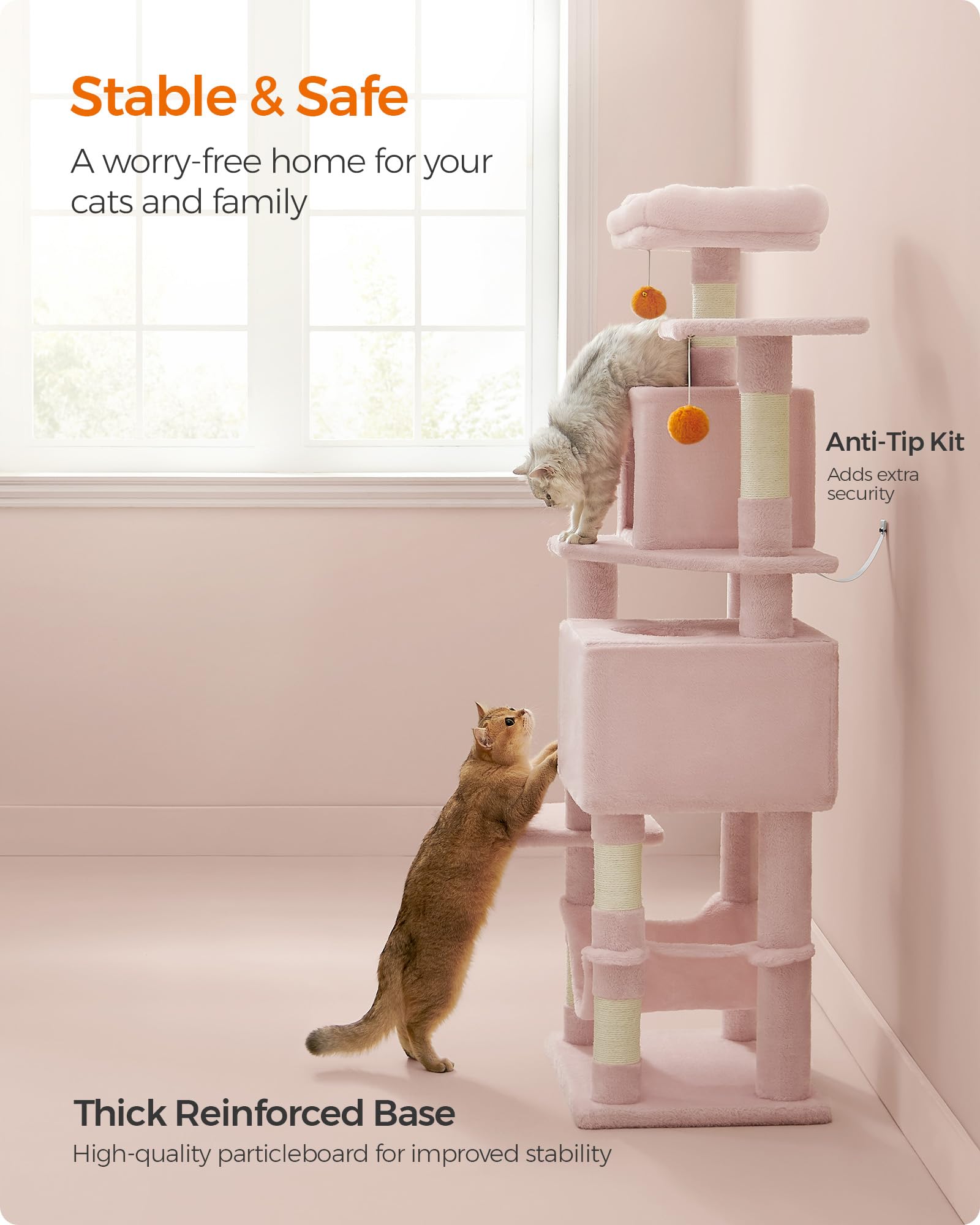 Feandrea Cat Tree, 61-Inch Cat Tower For Indoor Cats, Plush Multi-Level Cat Condo With 5 Scratching Posts, 2 Perches, 2 Caves, Hammock, 2 Pompoms, Jelly Pink Upct192P01