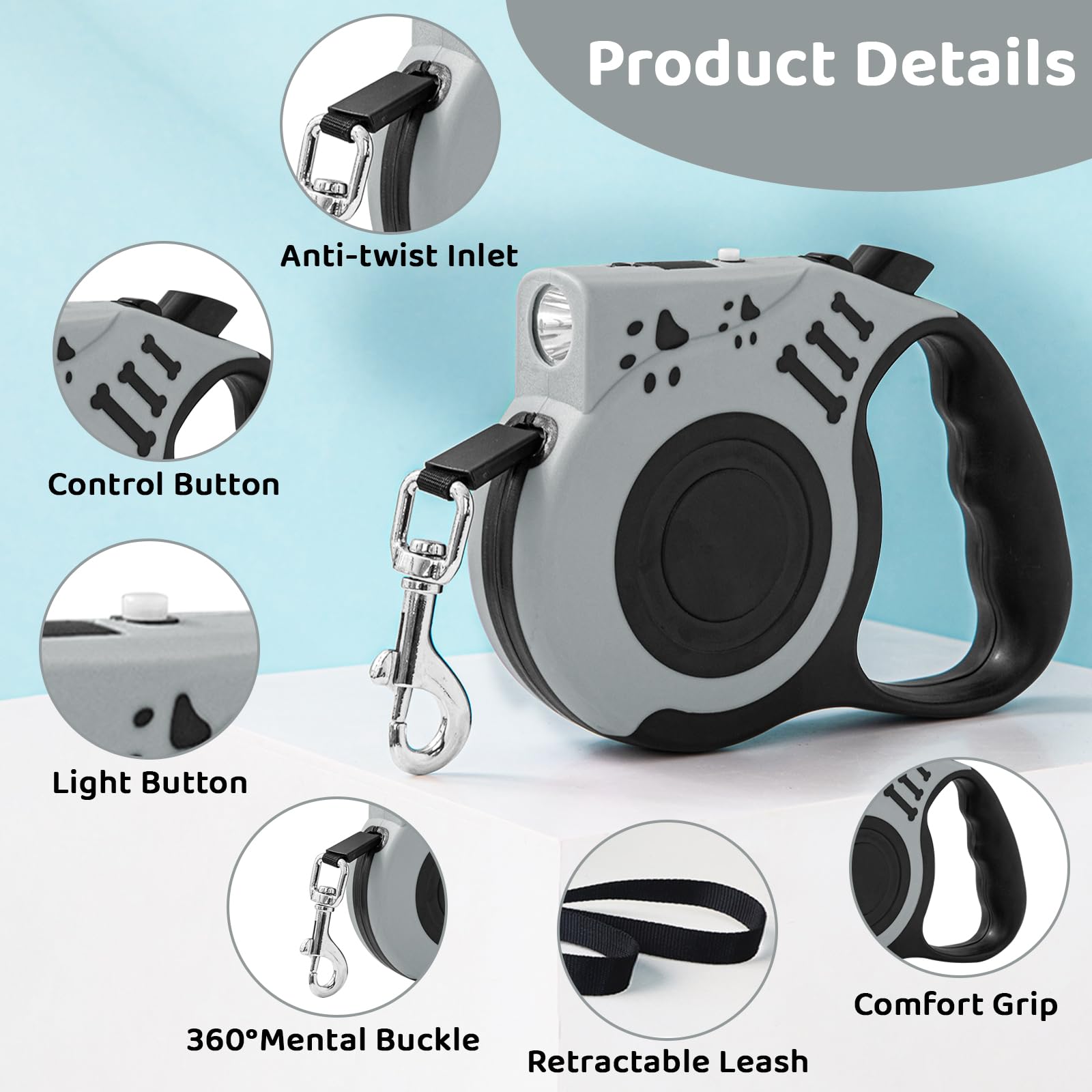 COSOWO Retractable Dog Leash 16FT with USB Rechargeable Flashlight, Grey - Ideal for Small to Medium Dogs