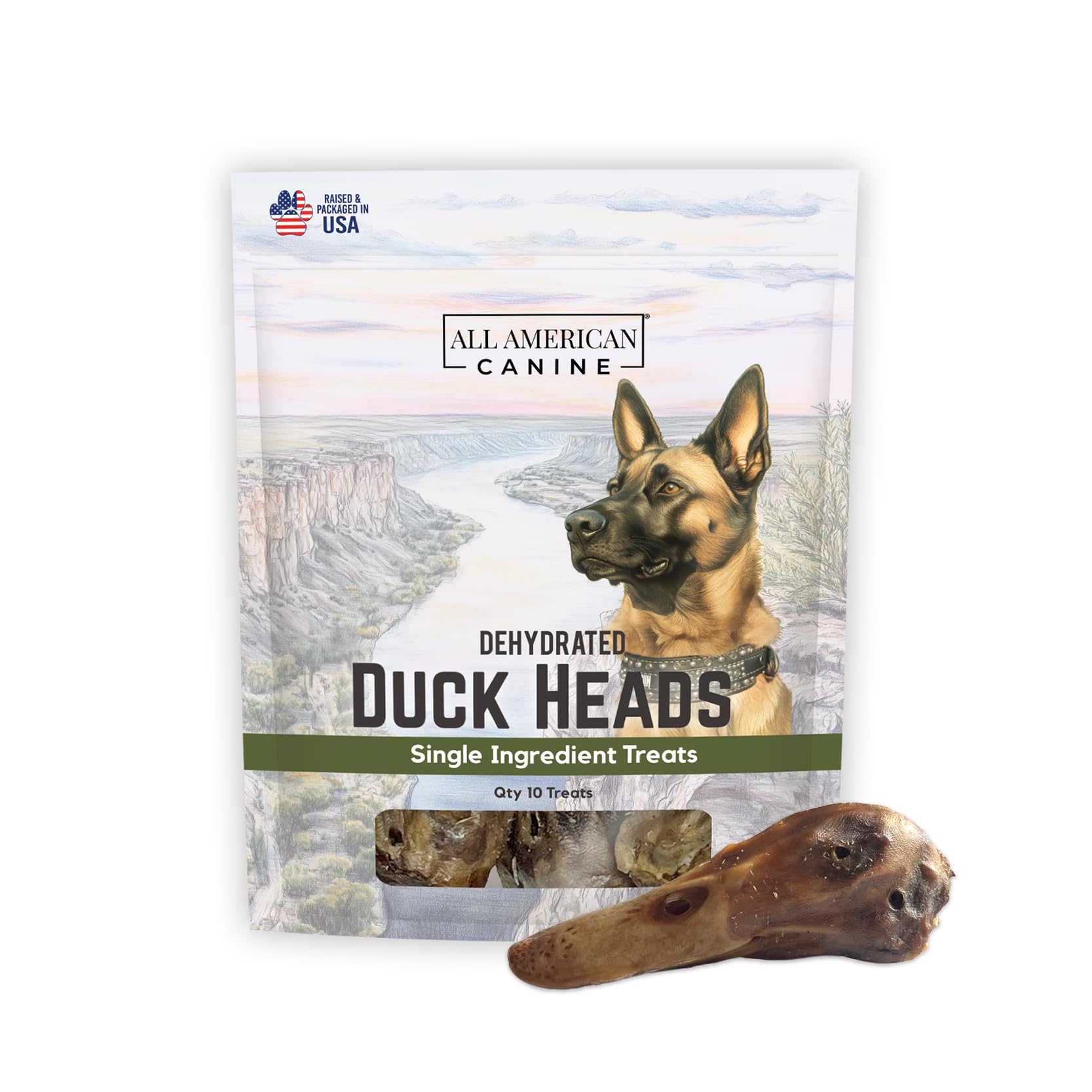 All American Canine Duck Head Dog Treats - Dehydrated, Low-Fat, High-Protein, 10 Count, Made in USA