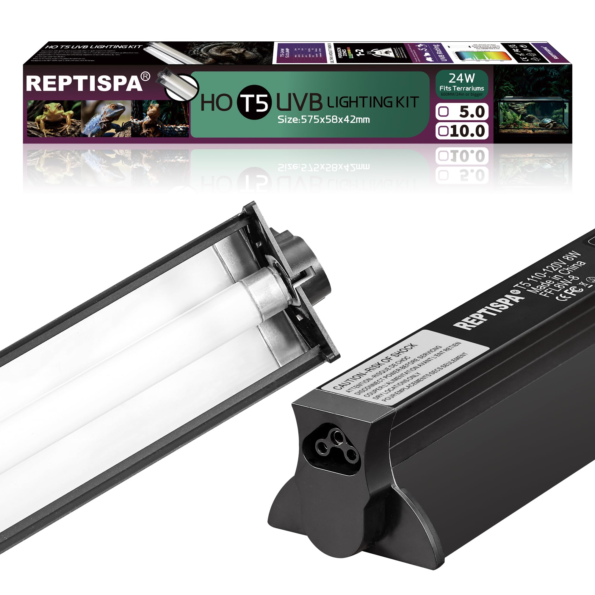 T5 Ho Uvb Lighting Combo Kit, 24W Reptile Light Fixture With Fluorescent Light Bulbs, Tropical 5.0 Uvb Light For Reptiles And Am