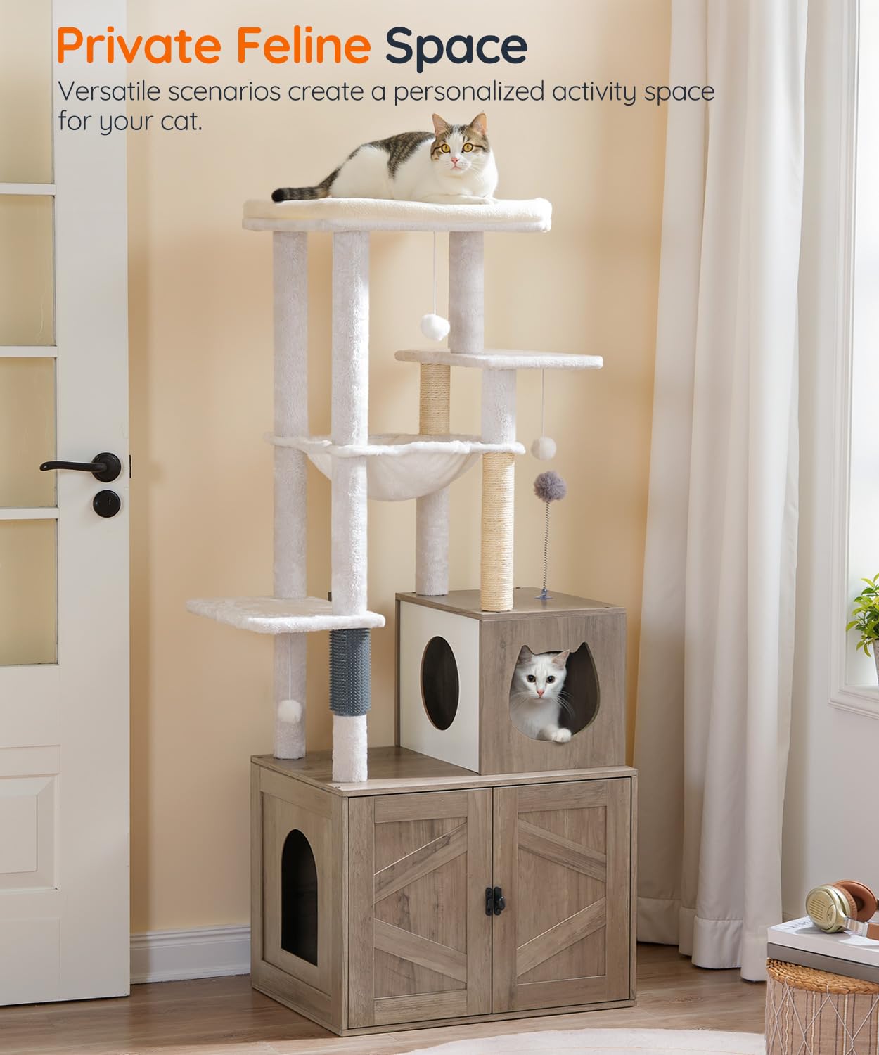 Hoobro Cat Tree With Litter Box Enclosure, Tall Cat Tower For Indoor Cats, All-In-One Modern Cat Condo, Hidden Litter Box Enclos