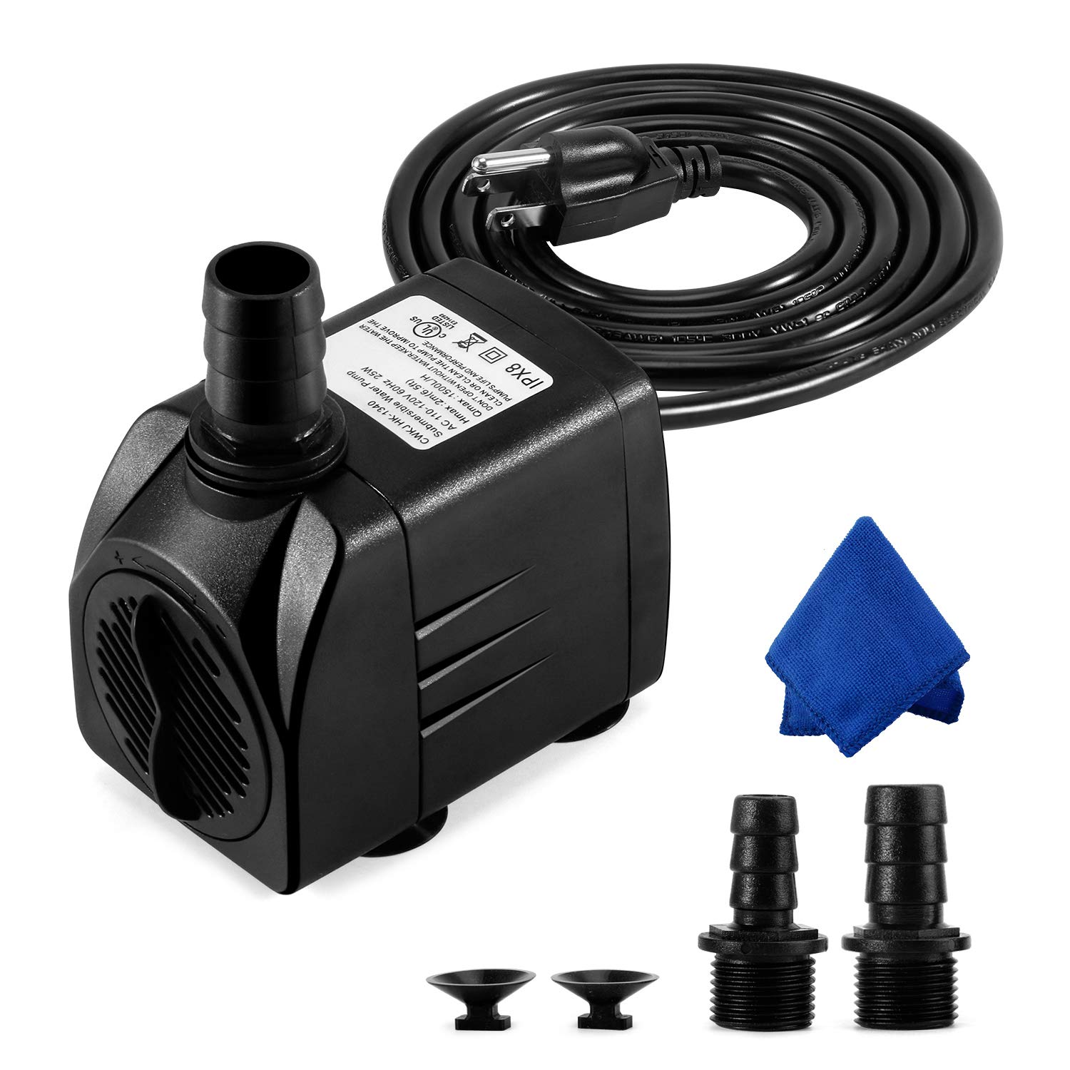 Cwkj Fountain Pump, 400Gph Submersible , Durable 25W Outdoor Water Pump With 6.5Ft Power Cord, 3 Nozzles For Aquarium, Pond, Fis
