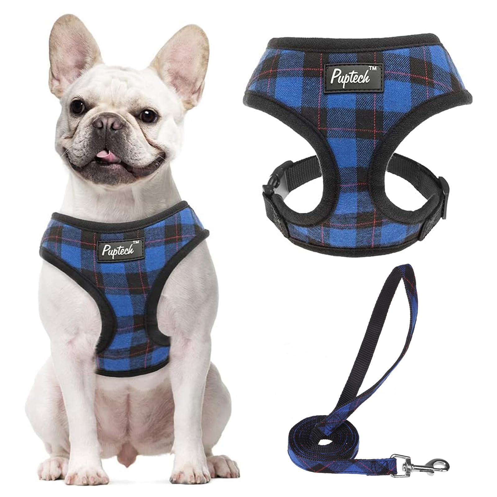 Pupteck Soft Mesh Dog Harness And Leash Set Pet Puppy Cat Comfort Padded Vest No Pull Harnesses, Navy Blue, M