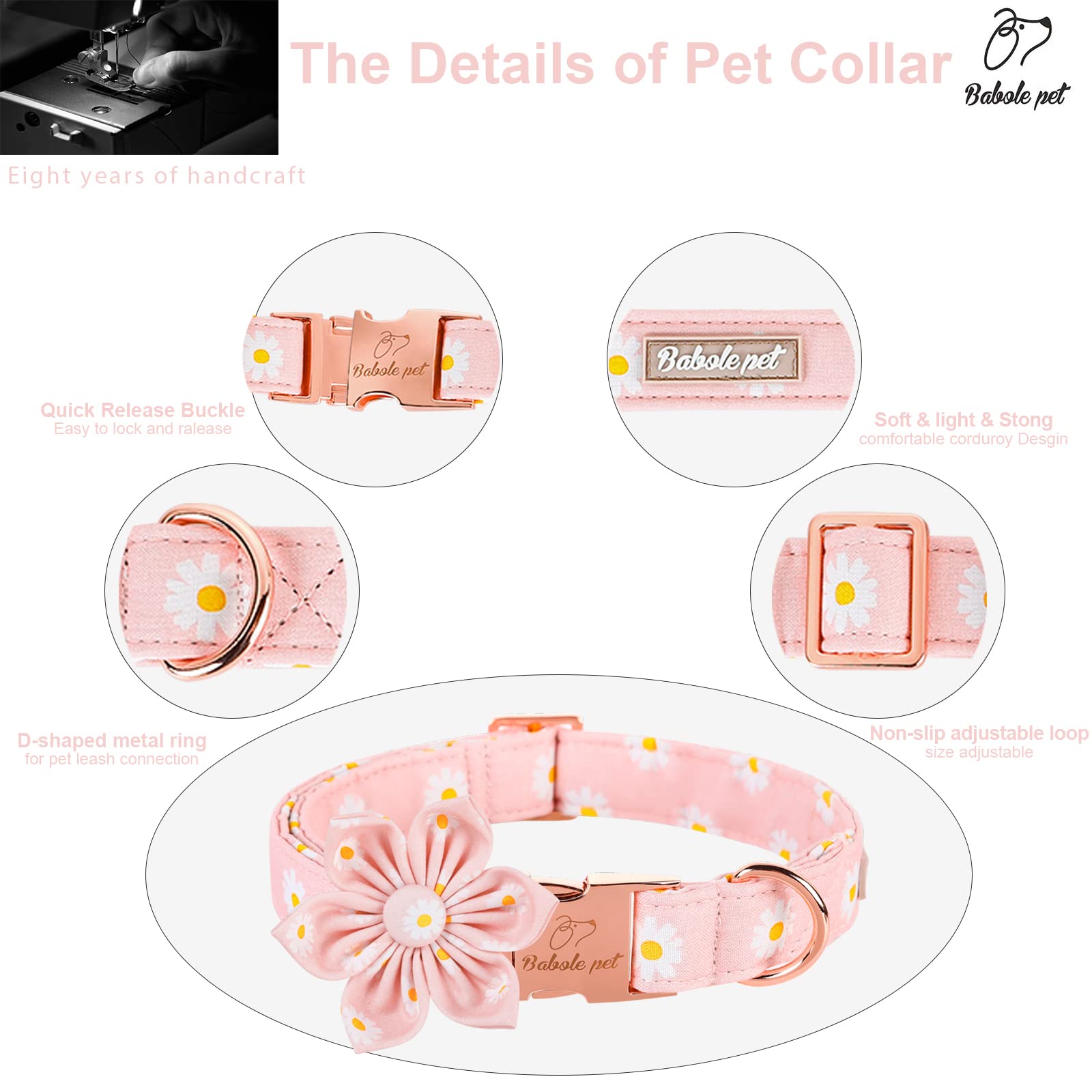 Babole Pet Dog Collar With Pink Daisy Flower Tie,Cotton Dog Collar With Safety Metal Buckle Adjustable Puppy Collars For Small Medium Large Boy&Girl Dog,Small,Neck 10'-16'