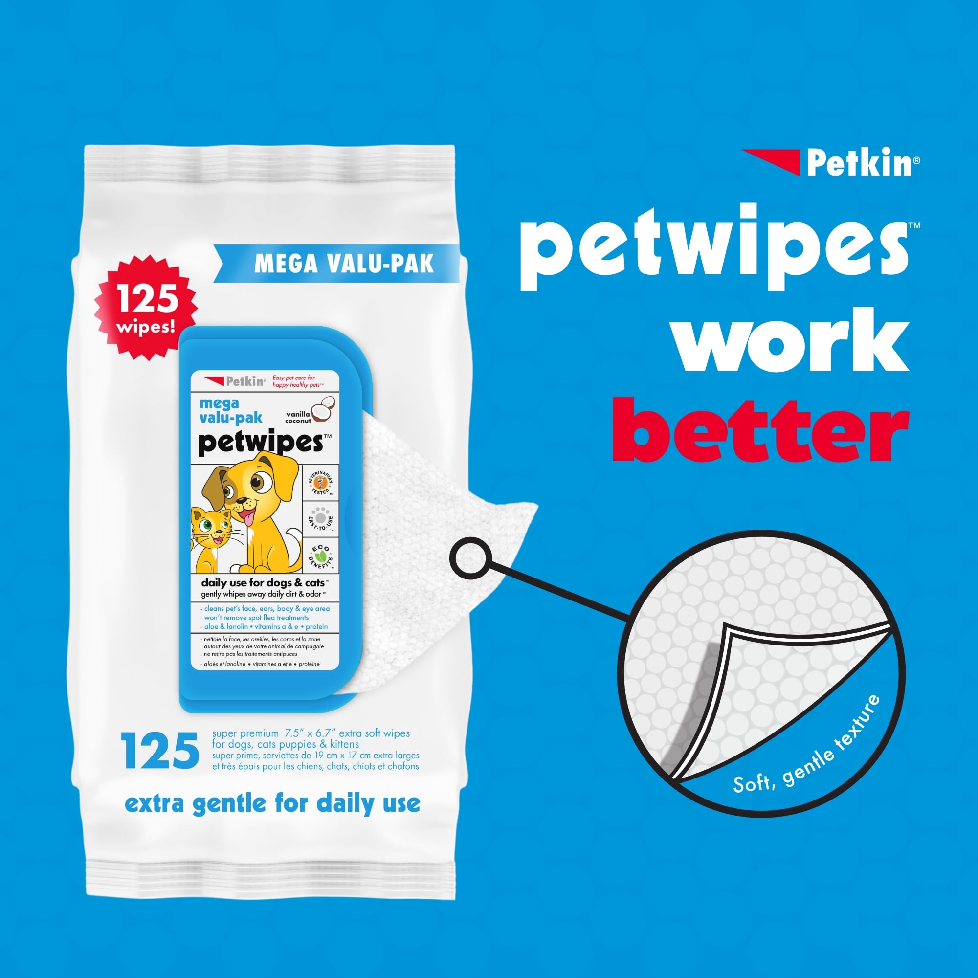 Petkin Mega Valu-Pak Pet Wipes, 125 Wipes - Pet Wipes for Dogs & Cats - for Face, Paws, Ears, Body & Eye Area - Super Convenient