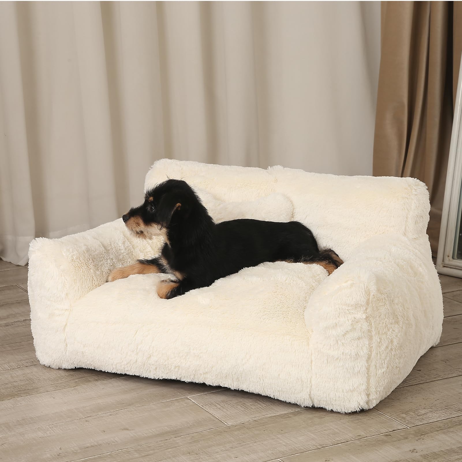 Bestroyal Fluffy Cat Couch, Small Dog Bed With Bone Shaped Pillow, Anti-Anxiety Pet Bed With Washable Cover, Cream