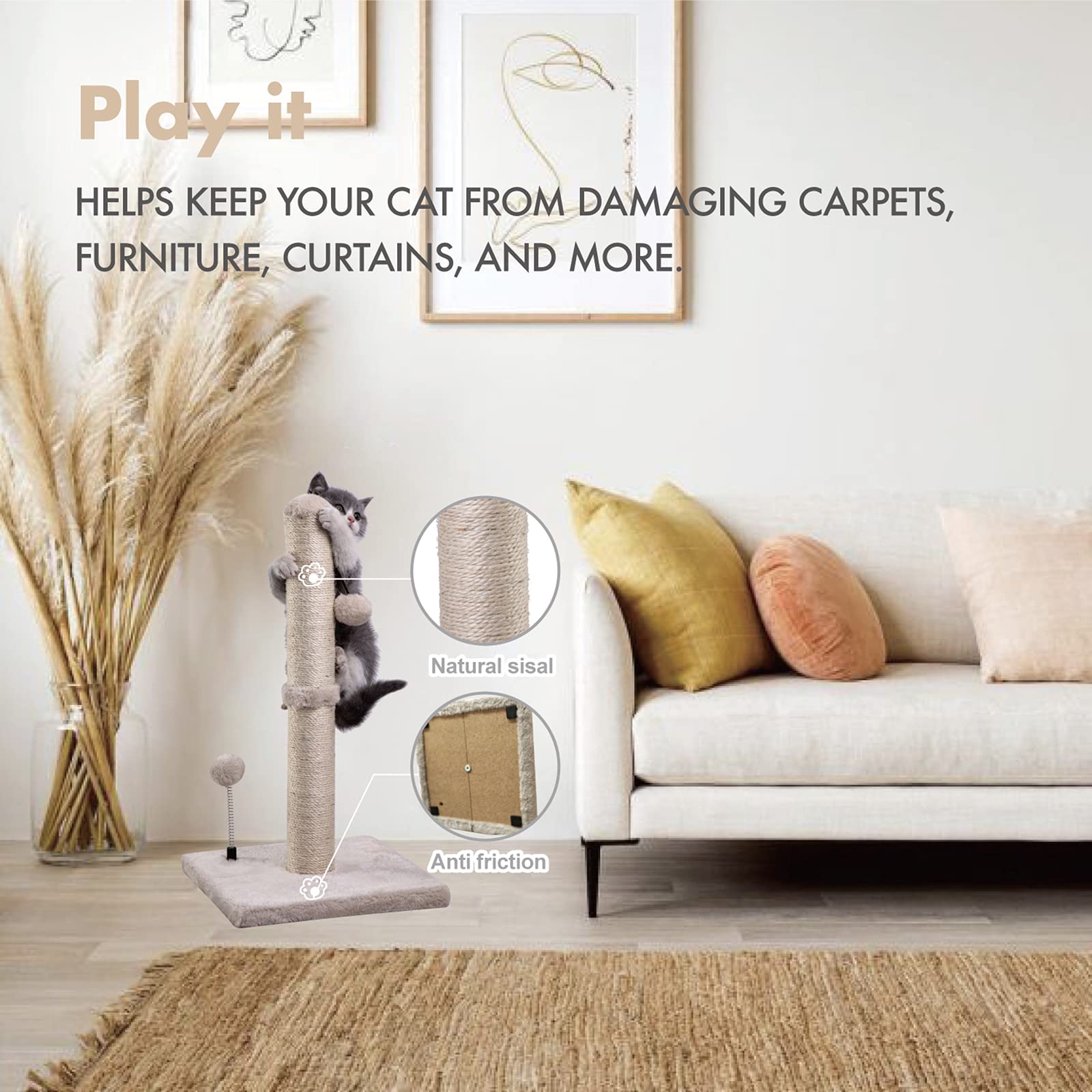 Mecool Cat Scratching Post Premium Basics Kitten Scratcher Sisal Scratch Posts With Hanging Ball 22In For Kittens Or Smaller Cats (22 Inches For Kitten, Beige)