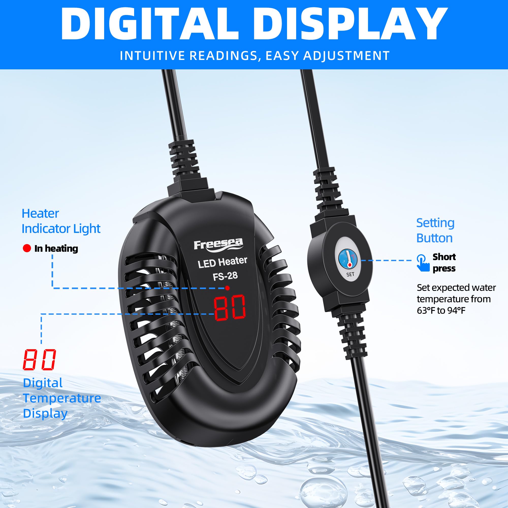 FREESEA 50W Submersible Aquarium Heater with External Controller - Adjustable Temperature for Betta, Turtle, Saltwater & Freshwater Tanks (1-10 Gallon)
