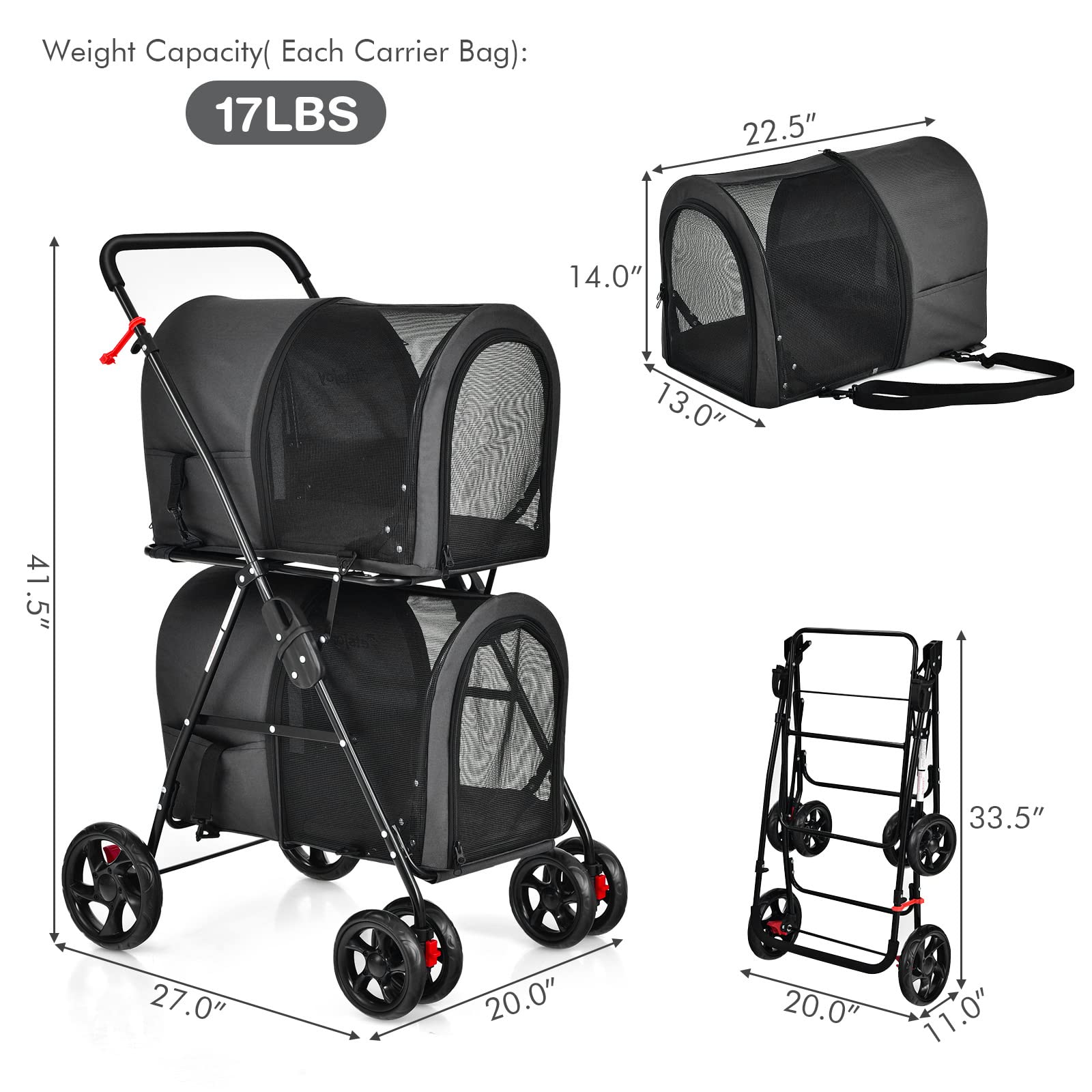 Giantex Double Pet Stroller With 2 Detachable Carrier Bags, Safety Belt, 4 Lockable Wheels Cat Stroller Travel Carrier Strolling Cart, Folding Dog Stroller For Small Medium Dogs Cats Puppy (Black)