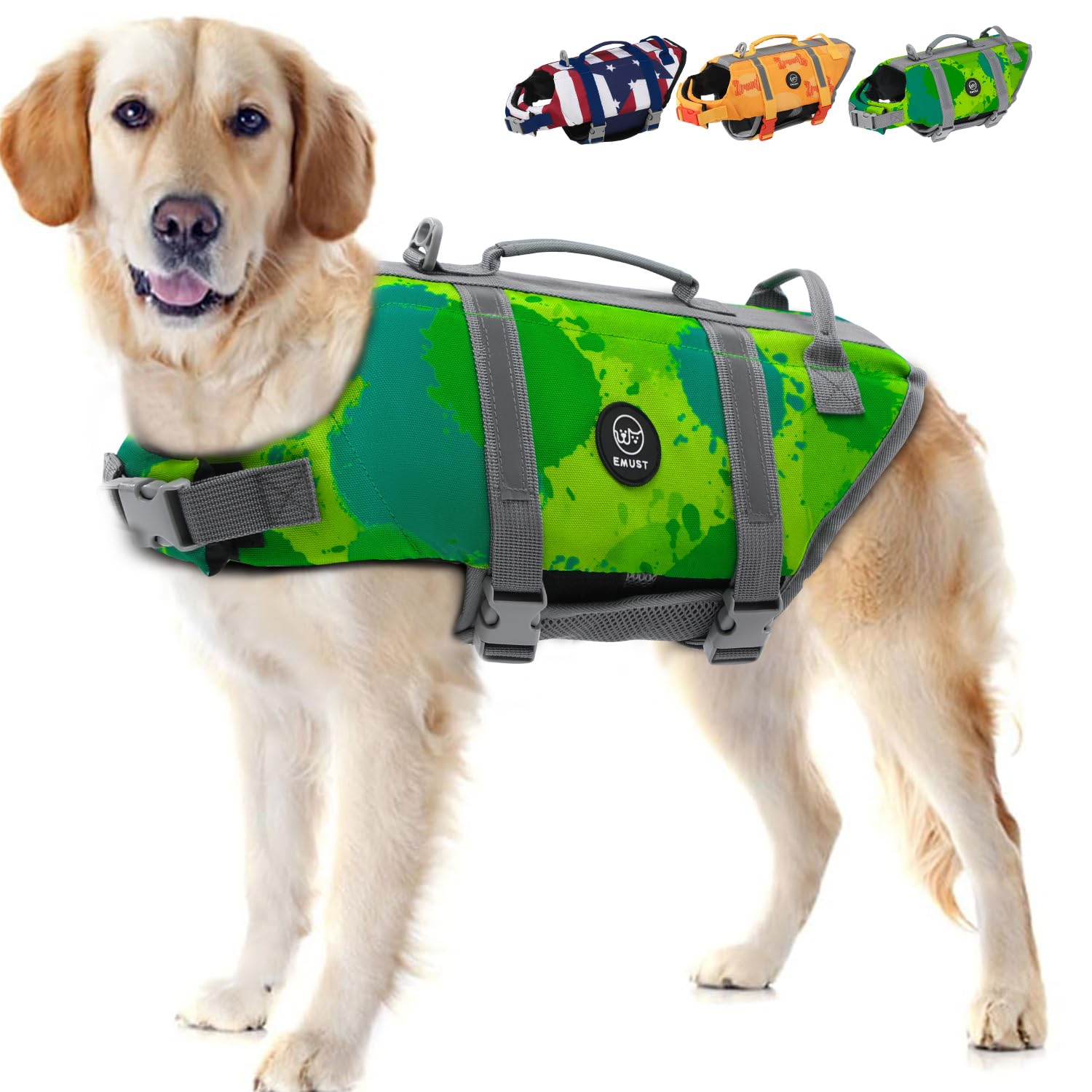 Emust Dog Life Vests, Adjustable Pet Life Jacket With Rescue Handle, Dog Flotation Device Dfd For Small/Medium/Large Dogs, M, Mu
