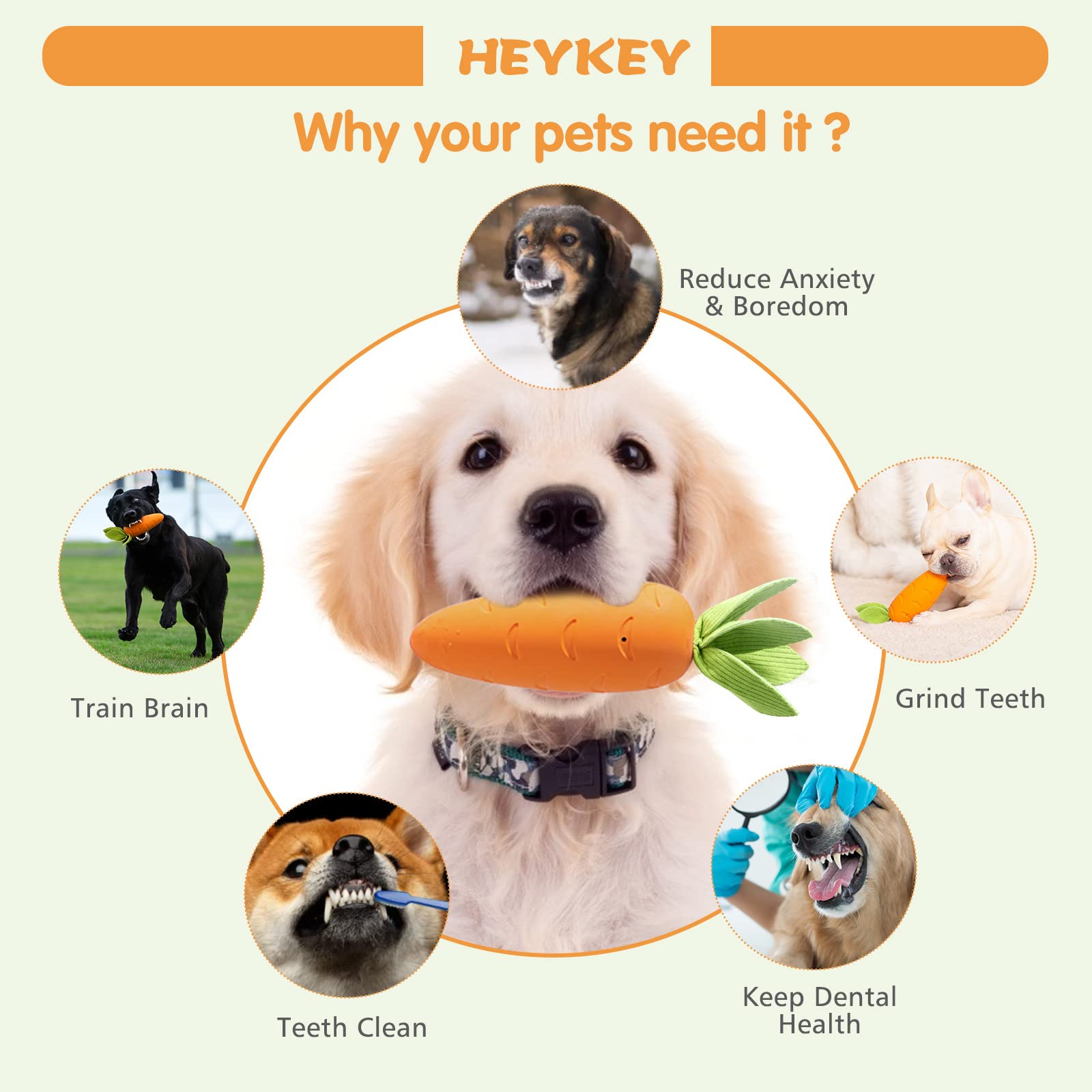 Heykey Squeaky Dog Chew Toys For Aggressive Chewers, Indestructible , Tough Durable Teeth-Cleaning Rubber Toys For Puppy Medium