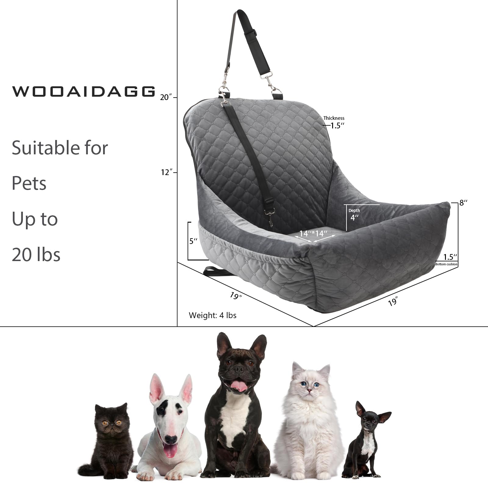 WOOAIDAGG Dog Car Seat,Fully Detachable and Washable Cover,Easy to Assemble,Comfy Cushion Fill in Memory Foam,2 Clip-On Safety L