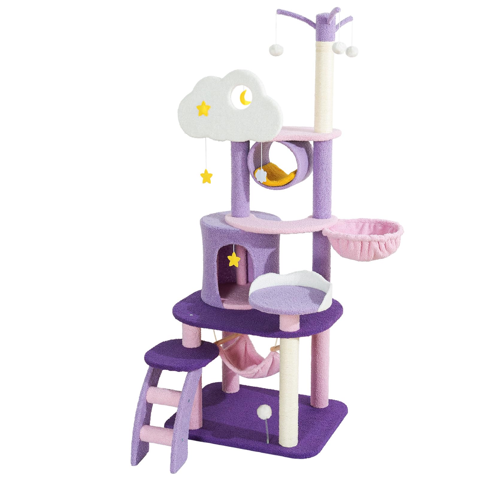 Lucky Monet Cute Cat Tower 65 Inches, Unique Cat Tree Large Tall For Indoor Cats, Purple Pink Cloud Big Cat Tree Cat Castle Mans