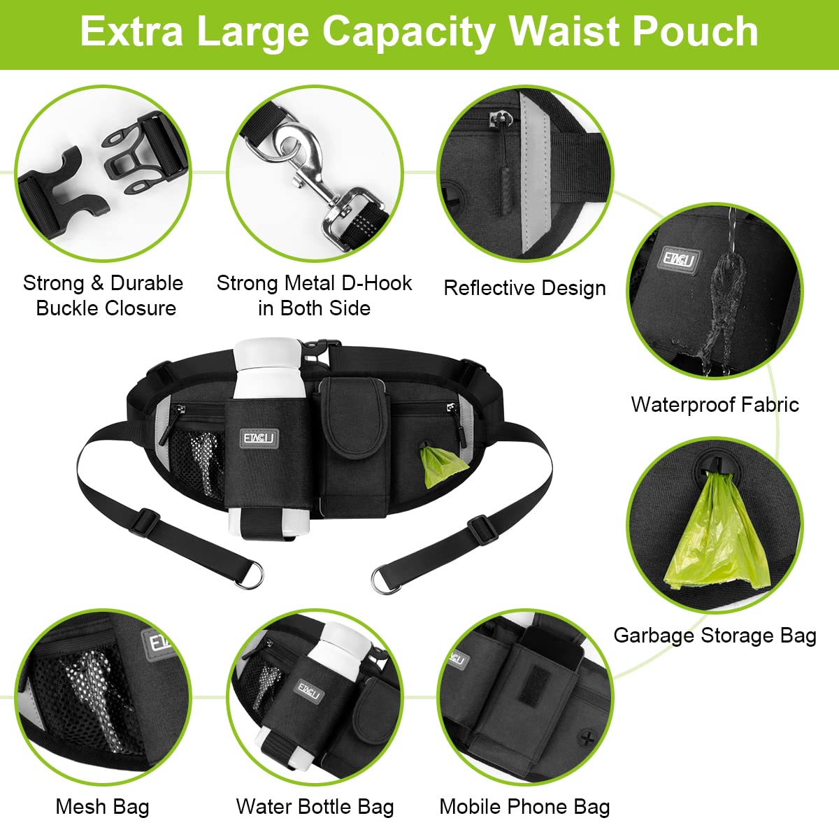 Etaccu Hands Free Dog Leash For 2 Dogs With Dual Heavy-Duty Traffic Handle, Retractable Dog Walking Belt, Adjustable Dog Running Waist Belt With Pouch, Reflective Stitches Leash For Jogging Black