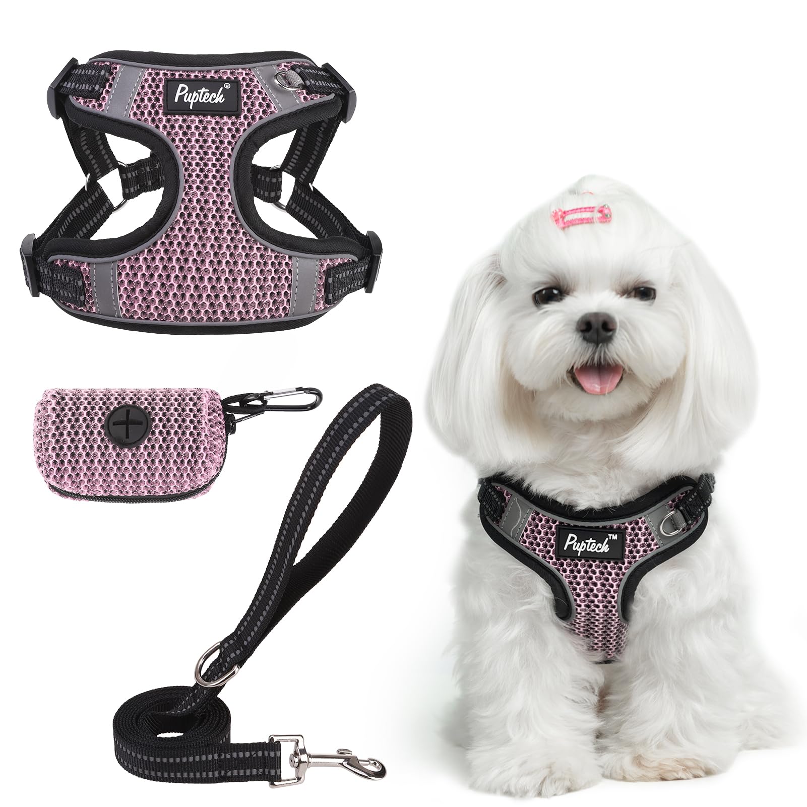 PUPTECK No Pull Dog Harness and Leash Set Reflective No Choke Step in Puppy Halter for XS Small and Medium Sized Dogs, LightPink