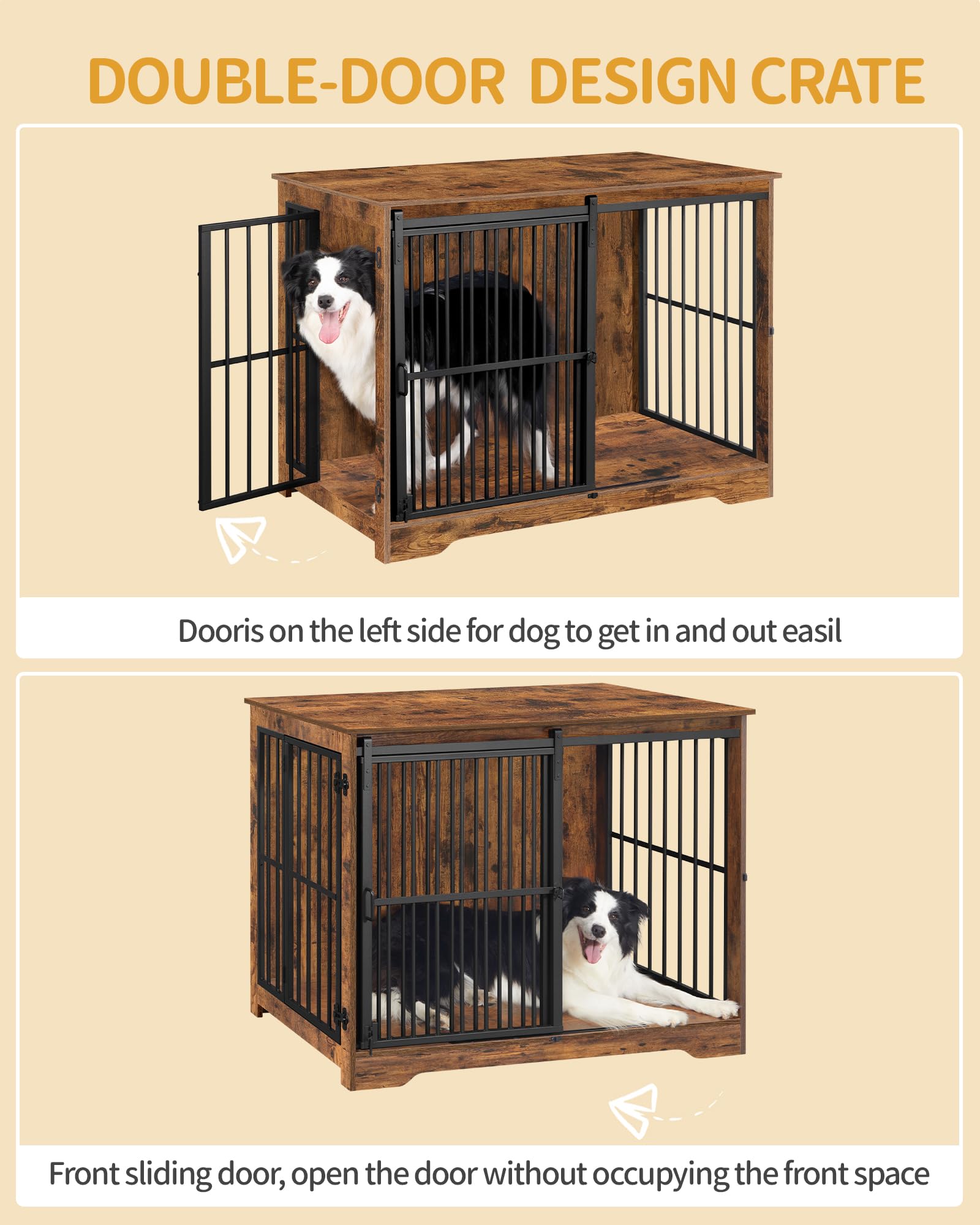 Hzuaneri XL Large Dog Crate Furniture, 44.1 Indoor Dog Kennel Furniture with Barn Door, Wooden Tall Dog Crate, Heavy Duty Dog Ca
