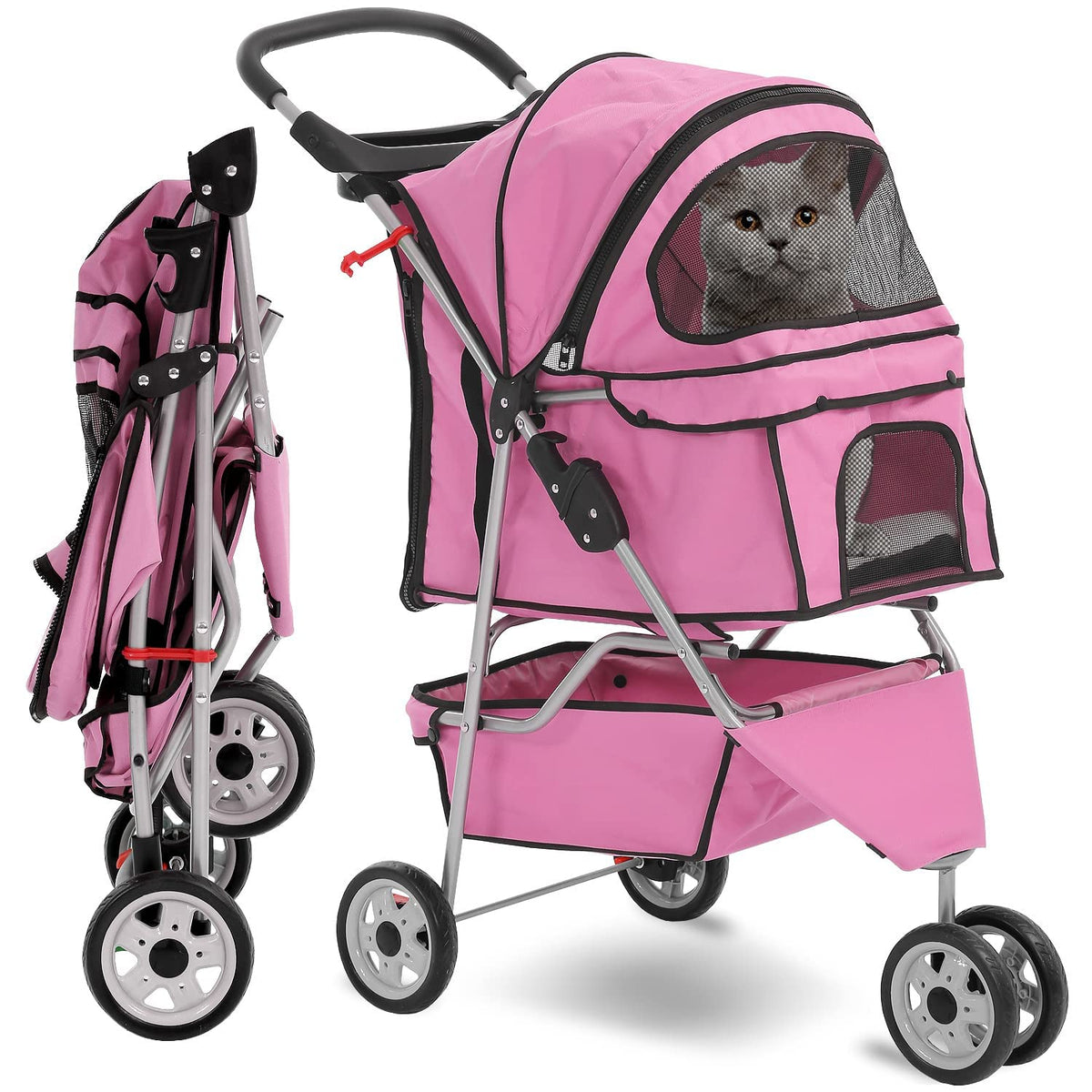 Hcy Folding Dog Stroller, 3 Wheels Pet Strollers Pet Gear For Small Medium Cats Dogs Puppy With Storage Basket, Cup Holder,Lightweight-Pink, 35.04Inchx 17.32Inchx 38.58Inch