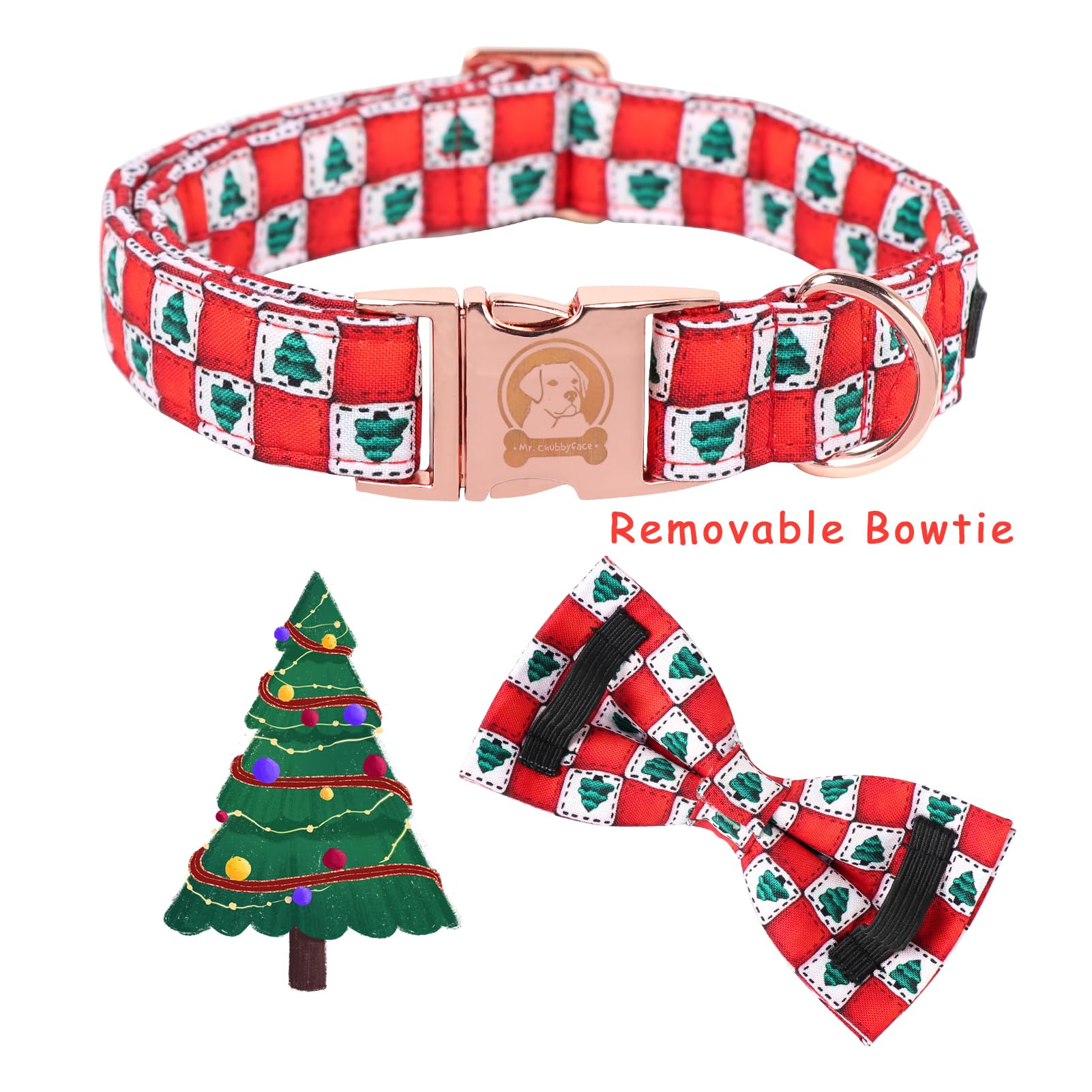 Mr. Chubbyface Christmas Squaretree Dog Collar With Bowtie, Cotton Boy Girl Dog Collars With Metal Buckle Cute Christmas Collars