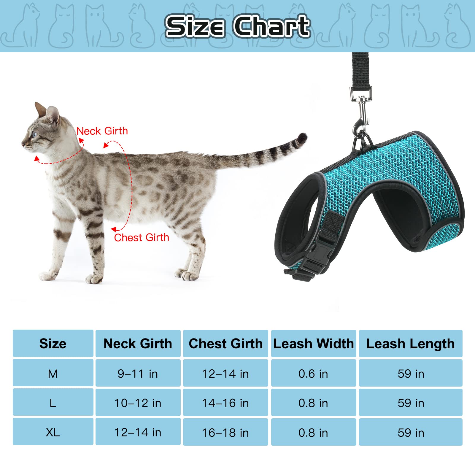 Pupteck Soft Mesh Cat Vest Harness And Leash Set Puppy Padded Pet Harnesses Escape Proof For Cats Small Dogs (Large, Lake Blue)
